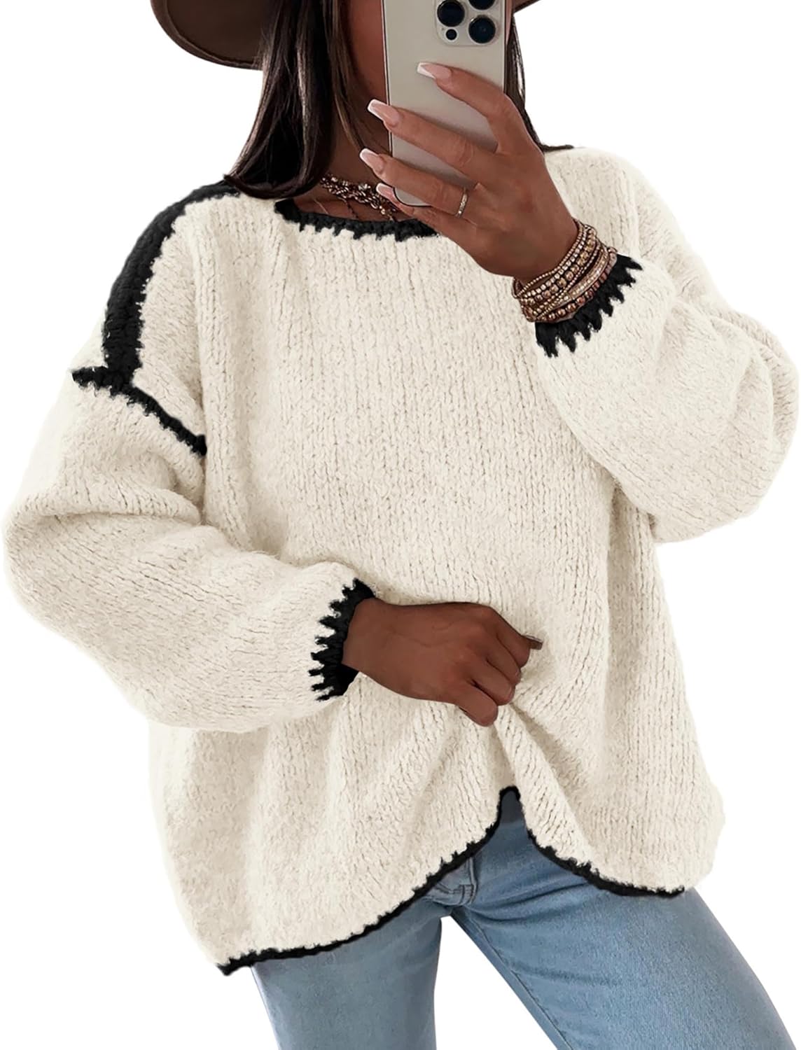 KIRUNDO Womens Sweaters 2026 Fall Oversized Long Sleeve Chunky Knit Crew Neck Contrast Stitching Pullover Winter Clothes