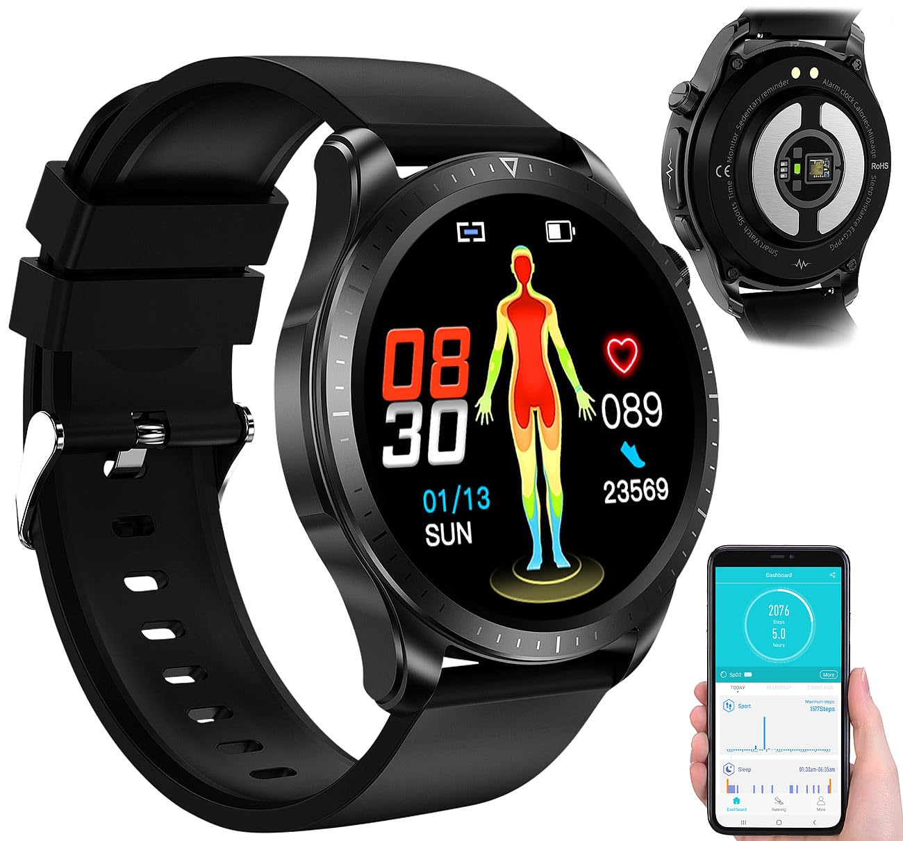 Newgen Medicals Pulsuhr mit Brustgurt: Fitness-Smartwatch, EKG-, Herzfrequenz- & SpO2-Anzeige, App, IP67 (Smartwatch Herren wasserdicht, Blutdruck Damen, Display)