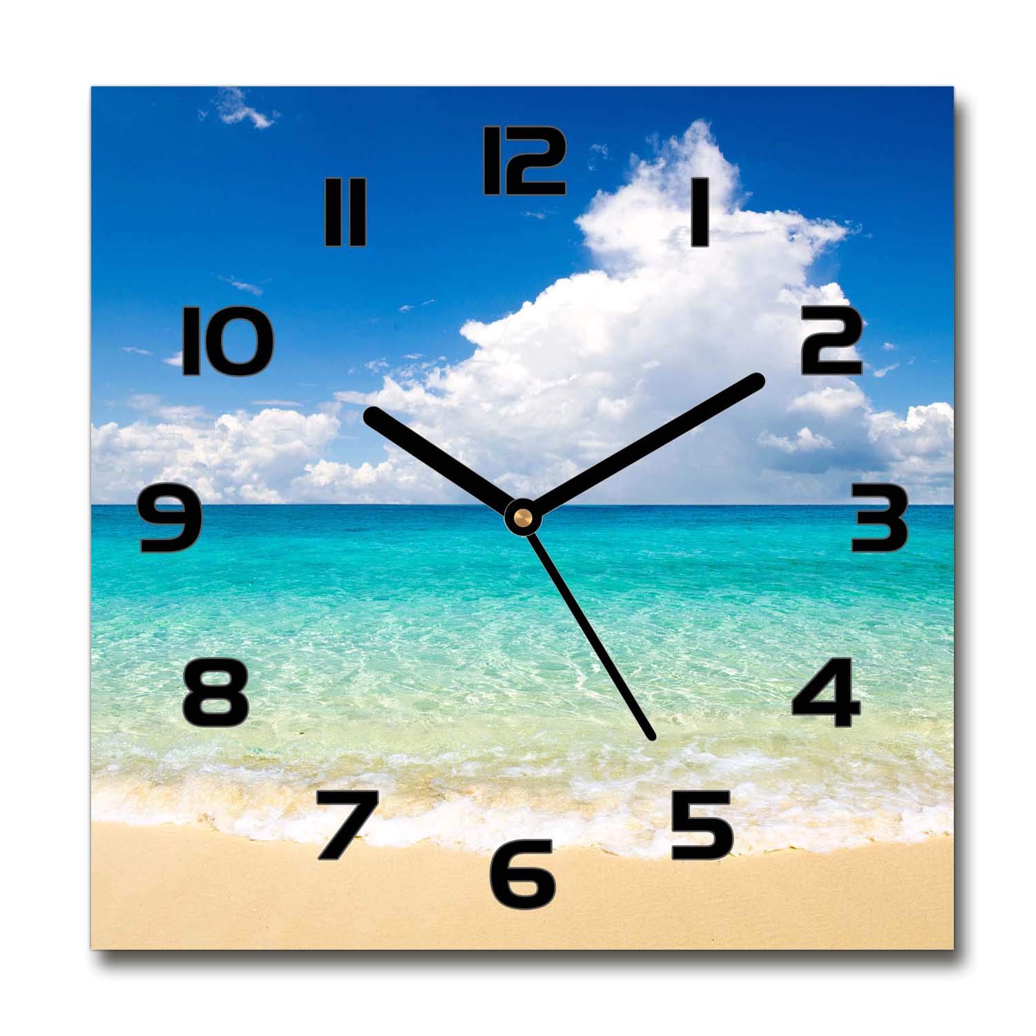 Horloge en verre salon silencieuse 30x30 cm décor plage pour ambiance zen