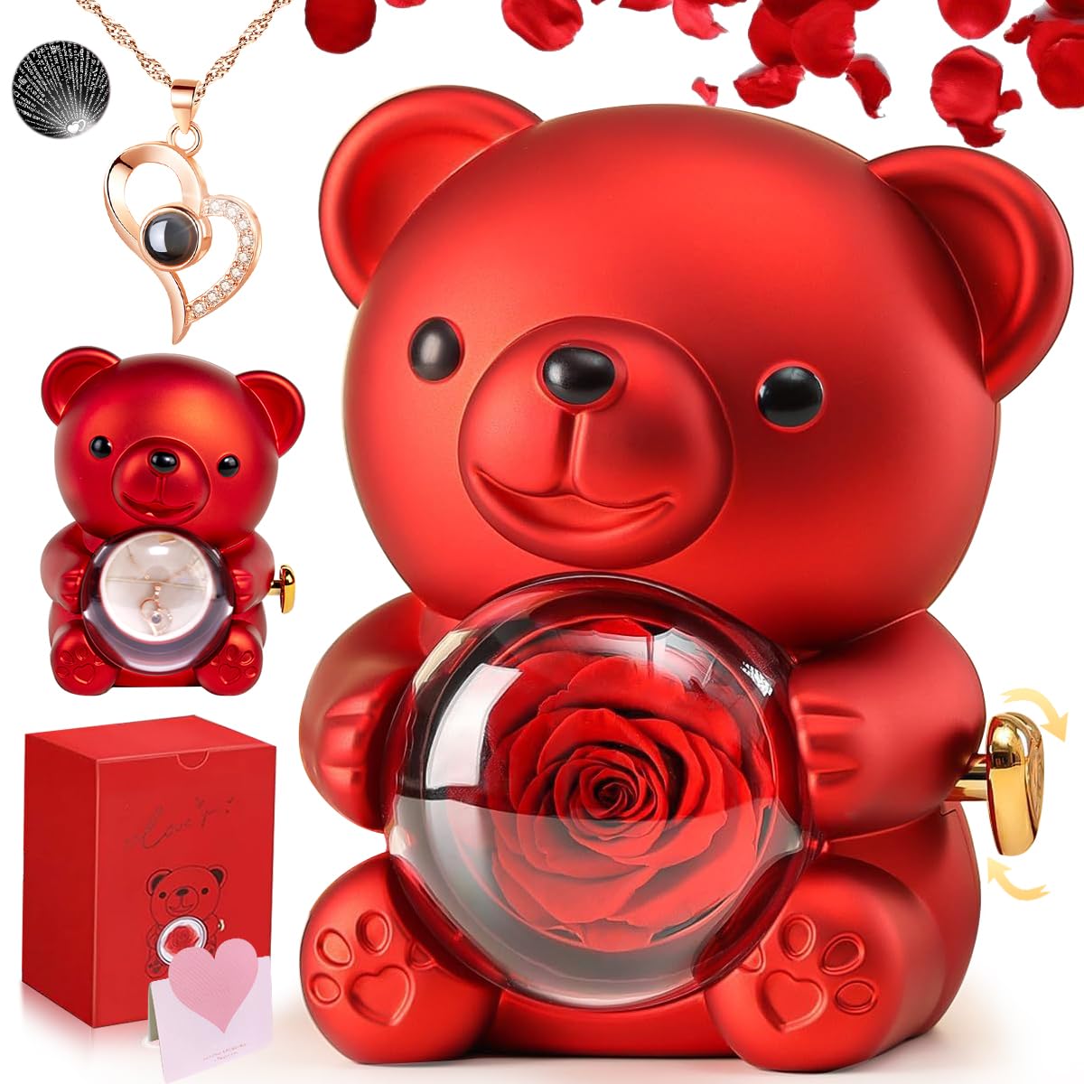 Oso con Rosa Eterna y Collar Te amo en 100 Idiomas, Caja de Regalo Romántica con Flor Preservada, Ideas de Regalo para Mujer, Mamá, Novia, Esposa en Navidad, San Valentín, Día de la Madre y Cumpleaños
