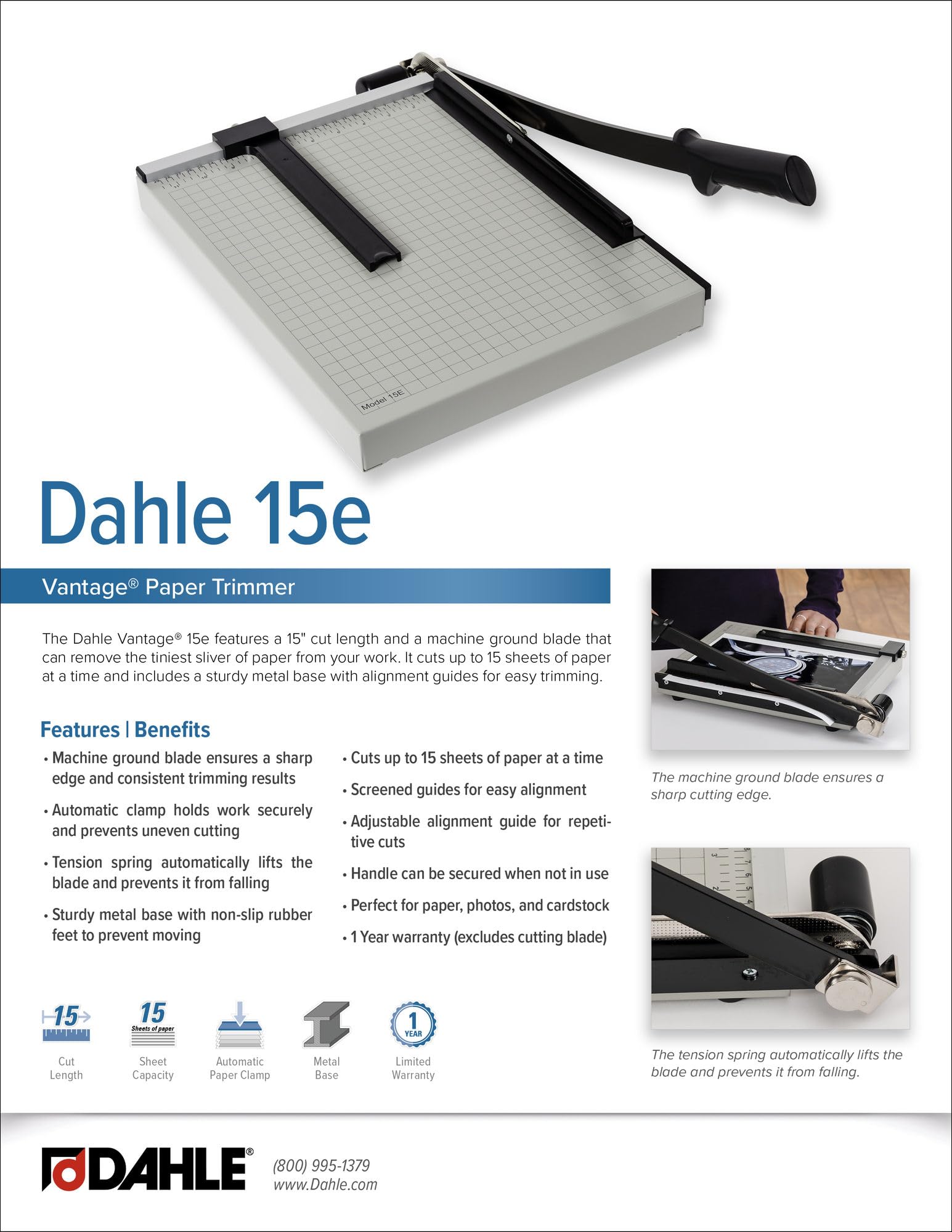 Dahle Vantage Papierschneider, 30,5 cm 38,1 cm 45,7 cm Schnittlängen, 15 Blatt Kapazität, automatische Lenkerklemmung, verstellbar Guide, Metall Boden mit 1/5,1 cm Gitterlinien, Papier Cutter Schnittlänge: 38,1 cm (15 Zoll) 14 1/2 In grau