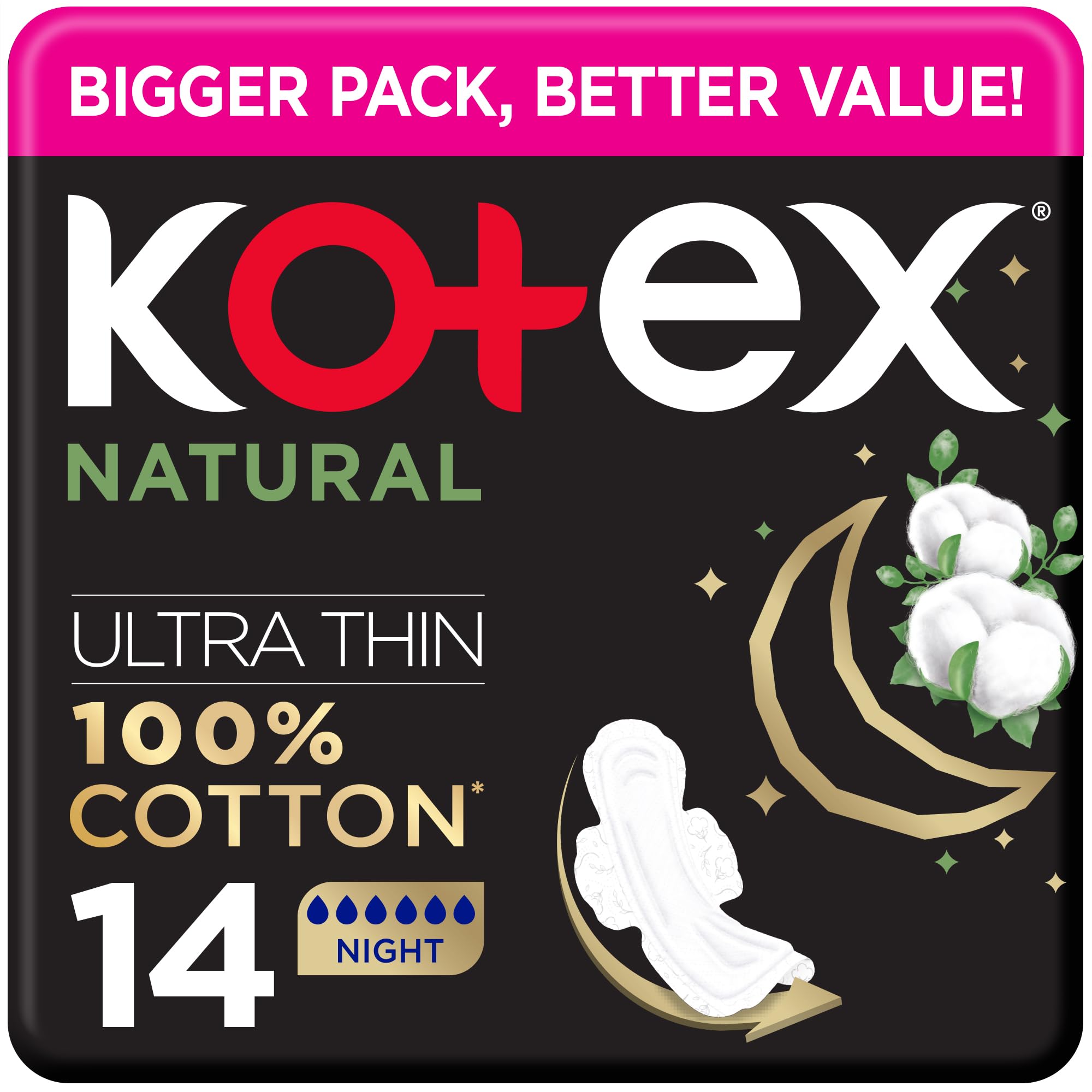 Kotex Natural Ultra Thin Night Sanitary Pads, 14 Count – Extra-Long Ultra-Thin Overnight Pads with Soft Natural Cotton-Feel Cover & High Absorbency for Comfortable Period Sleep