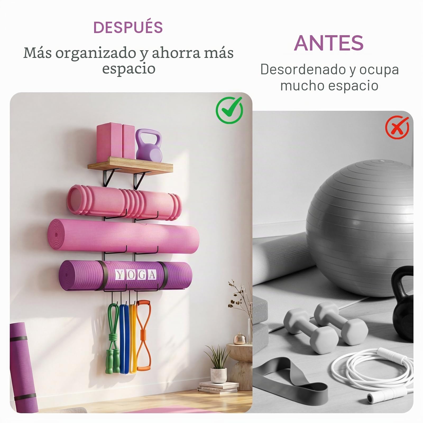 Soporte para esterilla de yoga, soporte de pared, accesorios de gimnasio en casa con estantes flotantes de madera y 4 ganchos para colgar rodillo de espuma y bandas de resistencia en clase de fitness