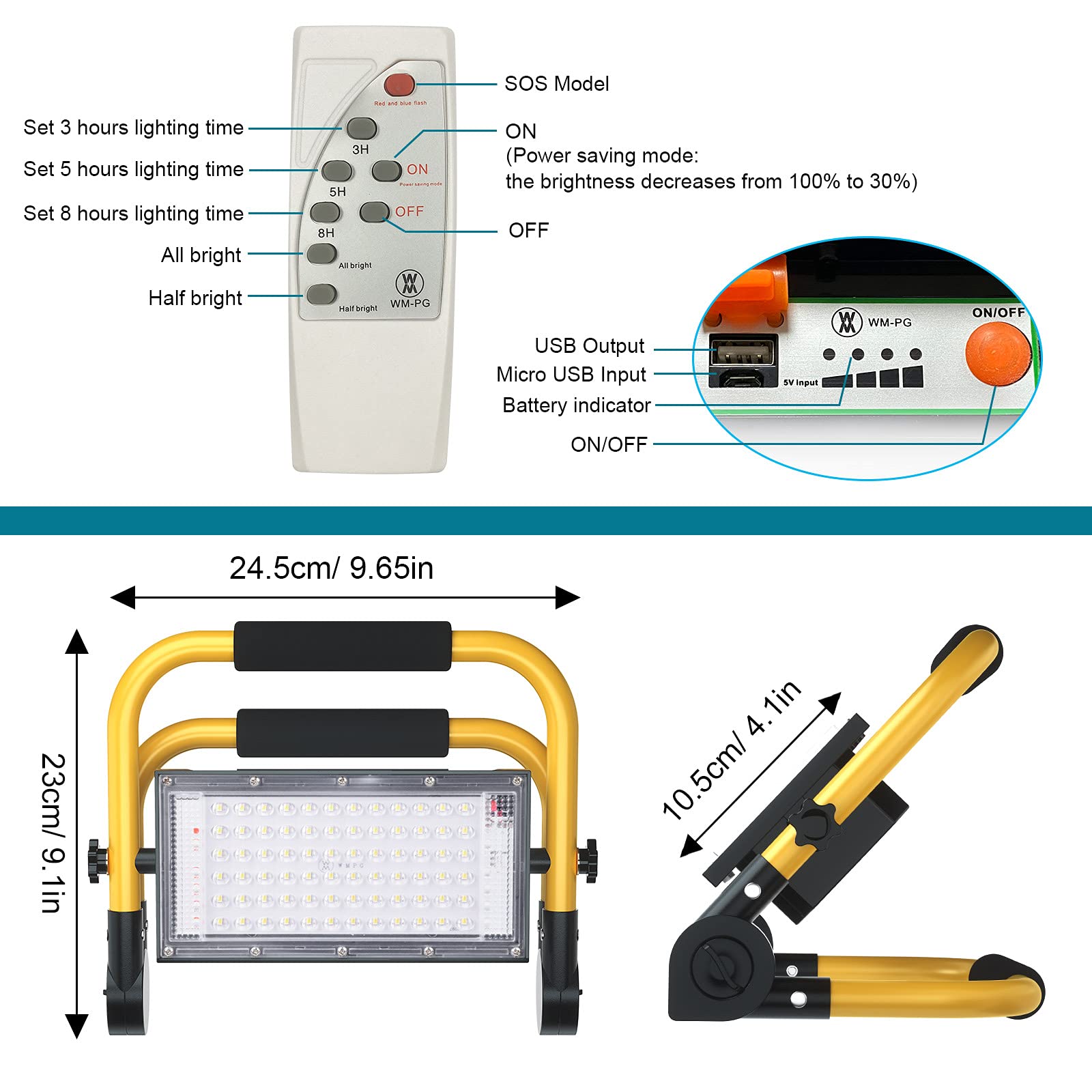 ERAY Faro LED Ricaricabile, Faretto LED da Cantiere Portatile 8000LM/13500mAh/4 Modalità/Telecomando/72 LEDs/Pannello Solare, Faro LED Batteria Ideale per Campeggio, Riparazione, Pesca