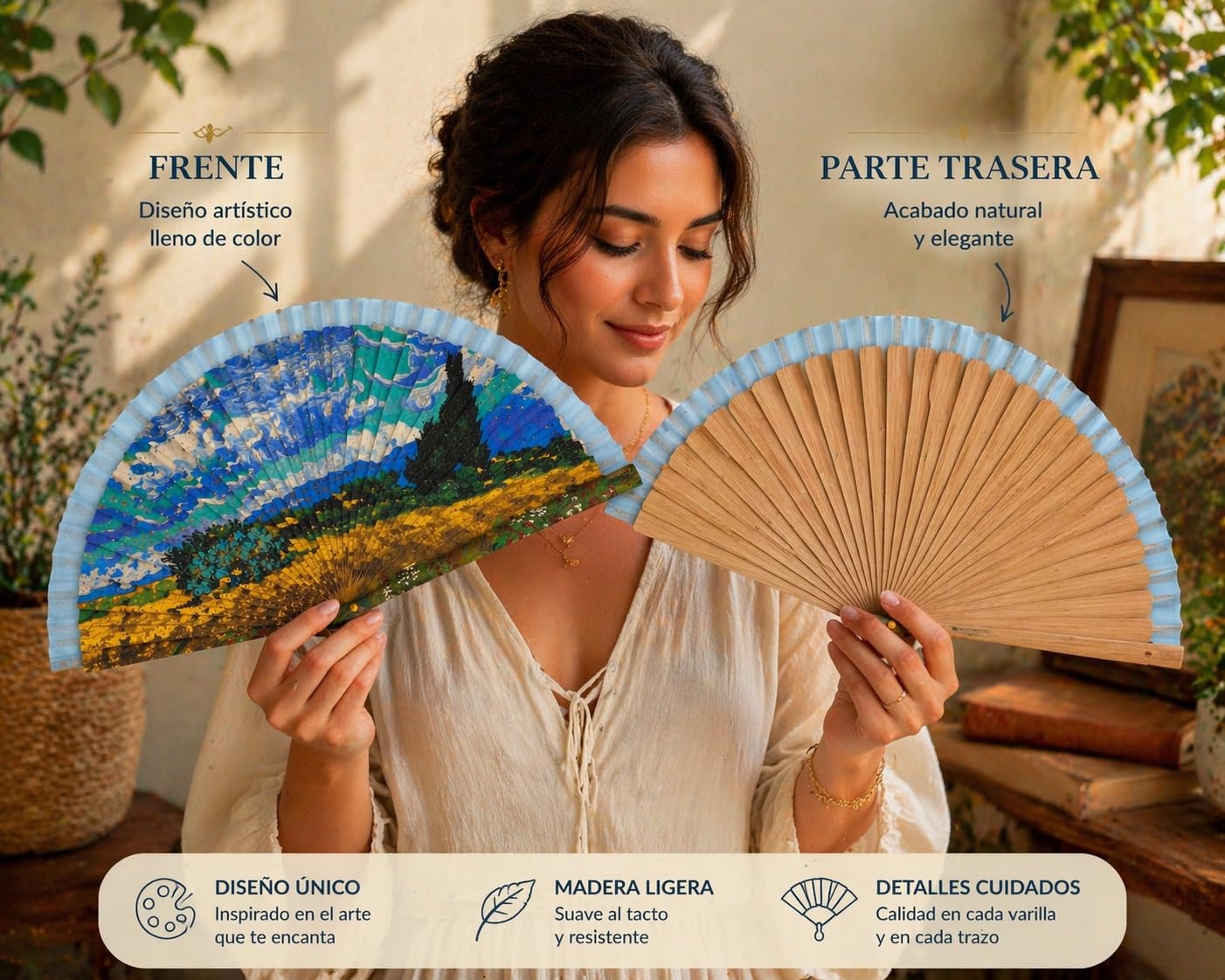 Genérico Ventaglio pieghevole con design artistico, ispirato ai dipinti classici, in legno naturale e tessuto, leggero, elegante e portatile (23 cm chiuso / 40 cm aperto) (turchese-verde)
