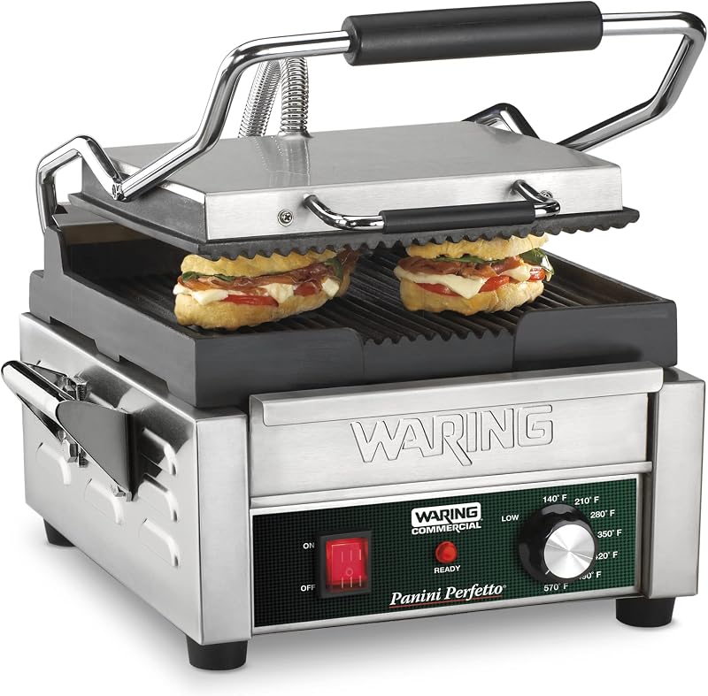 Panini Press with 9.75" x 9.25" Cooking Surface & 120V | Ribbed Cast Iron Plates, 9.75" x 9.25" Cooking Surface, 570°F Adjustable Thermostat, 120V