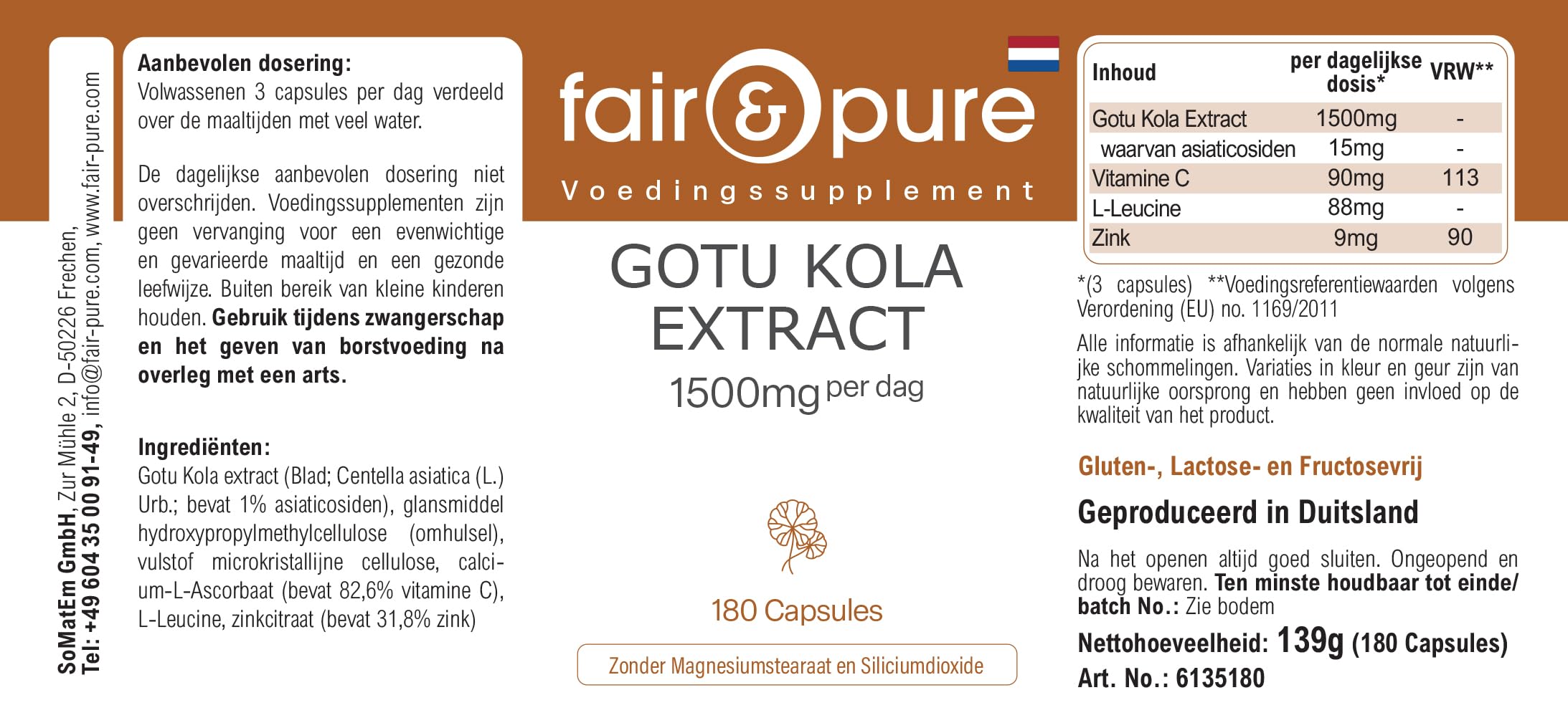 Fair & Pure® - Estratto di Centella asiatica 1500mg - 180 capsule - Centella asiatica - con vitamina C e zinco - vegano - altamente dosato