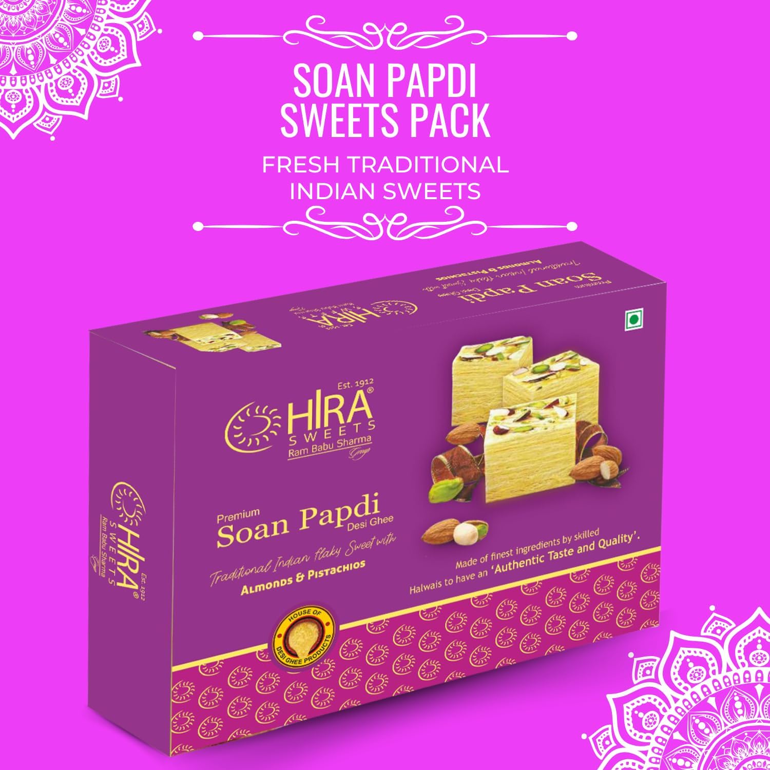 HIRA SWEETS Soan Papdi 500g | Delicious, Crispy & Flaky | Made with Almonds & Pistachio | Ready-to-Eat Indian Traditional Mithai | Ideal Gift Box for Sweets Lovers 4