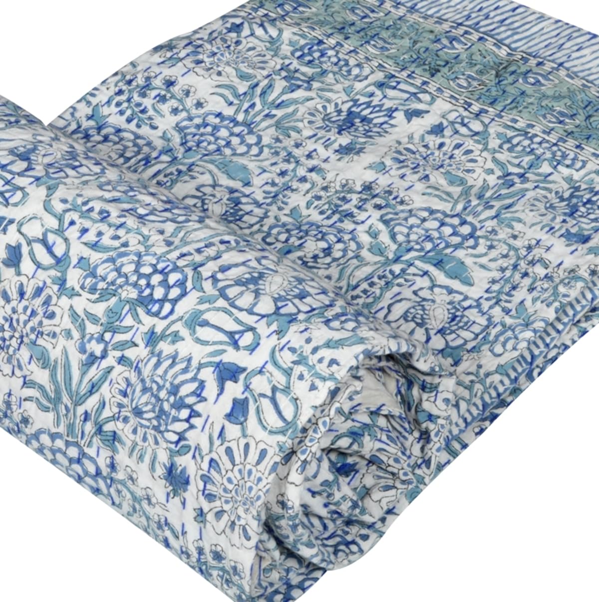 Yuvancrafts Indian Block Print Quilt Queen Kantha Quilts Kantha Throw Kantha Bedspread Blanket Cotton Bed Cover Quilt Boho Kantha Quilts Bedspread (451 Light Blue, Queen (U.K. Standard))