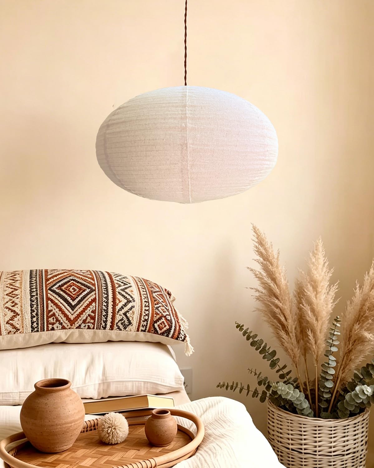 Leinen-Lampenschirm, oval, hängend, Kronleuchter, Lampenschirm, 50 cm, kann Lampenschirm aus Papier ersetzen, minimalistischer Stil, Boho-Stil, Leinen, für Schlafzimmer, Wohnzimmer, Flur, Dekoration