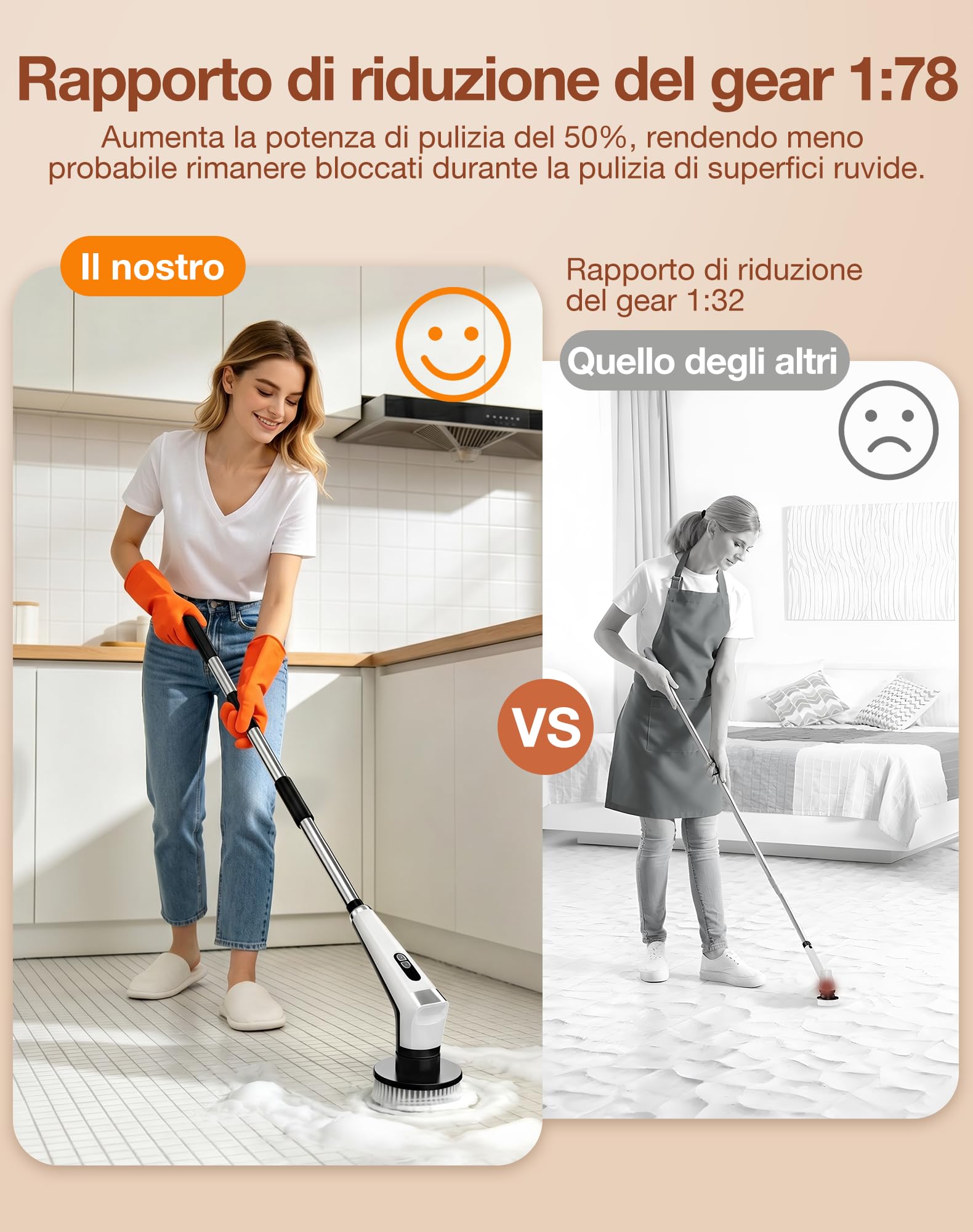 Spazzola Rotante Pulizia Casa con 9 Testine, Manico Estensibile, 3 Velocità, con Illuminazione LED, Batteria da 3000 mAh, Impermeabile IPX8, Spazzola Rotante per Pulizia per Bagno, Cucina, Pavimenti