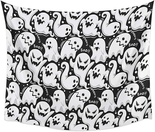 Miniatura 2 de Tapiz de Halloween para colgar en la pared, diseño de fantasma, lindo tapiz estético blanco y negro para dormitorio, sala de estar, dormitorio