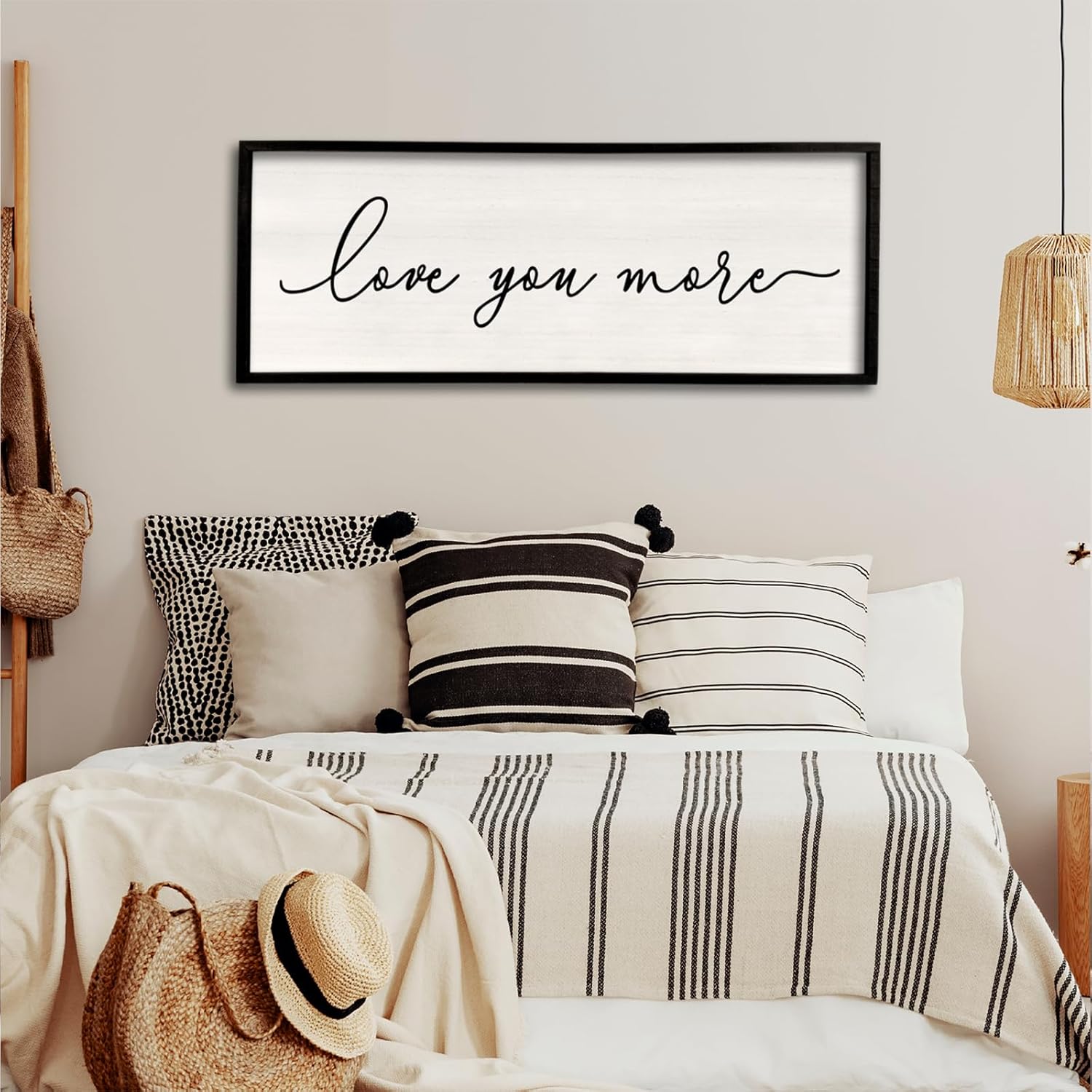 Love You More Sign Wall Decor 40”×15” Large Vintage Framed Wood Modern Farmhouse Wall Decor for Master Bedroom Above Over Bed Minimalist Wall Art Hanging (Black)