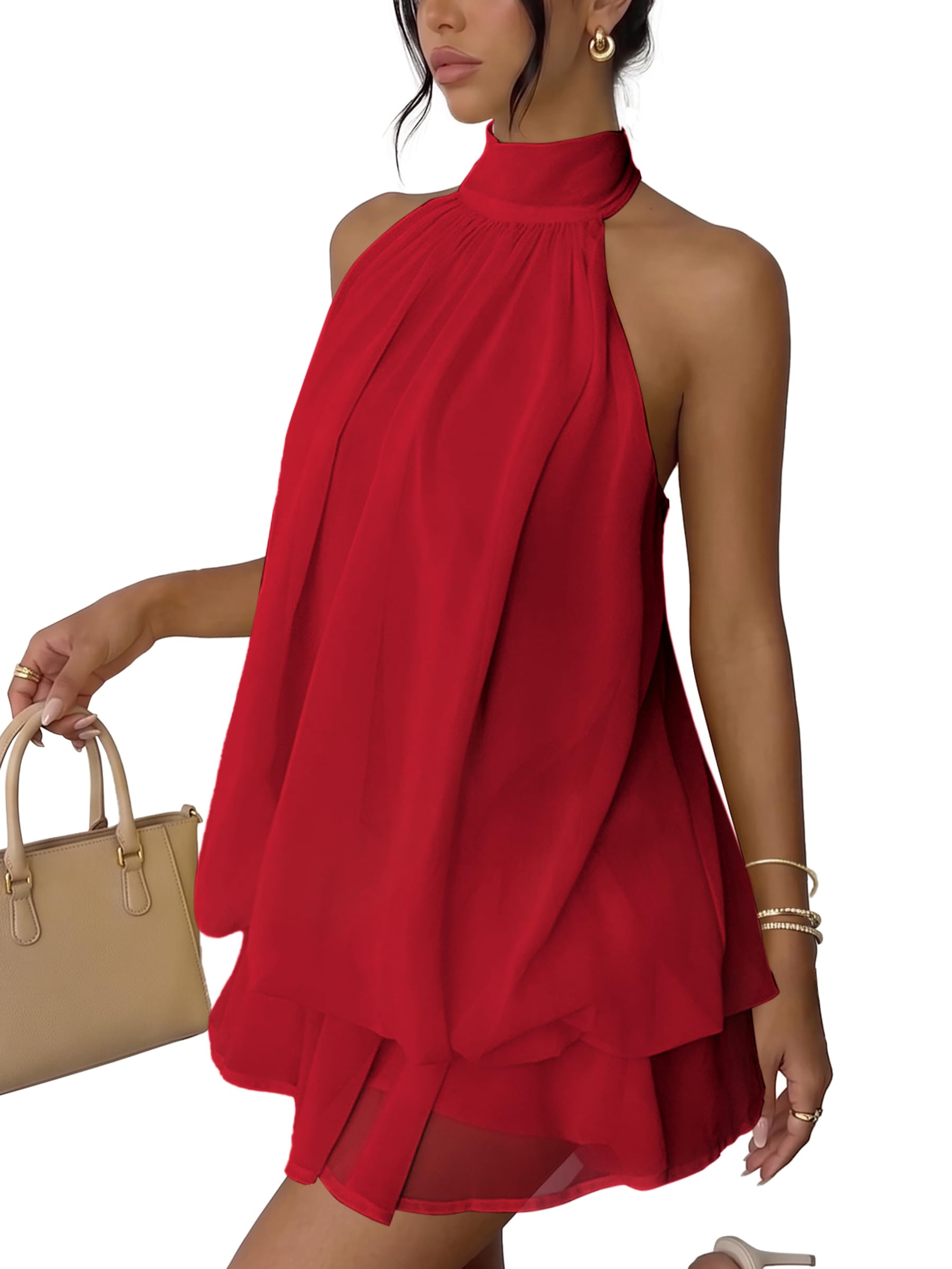 Vestido Mujer Sexy Sin Mangas Mini Vestidos Halter Elegantes Verano Vestido Espalda Descubierta con Volantes Ligero Fluido Vestidos Holgado de Gasa Casual Dress para Fiesta Playa Cocktail