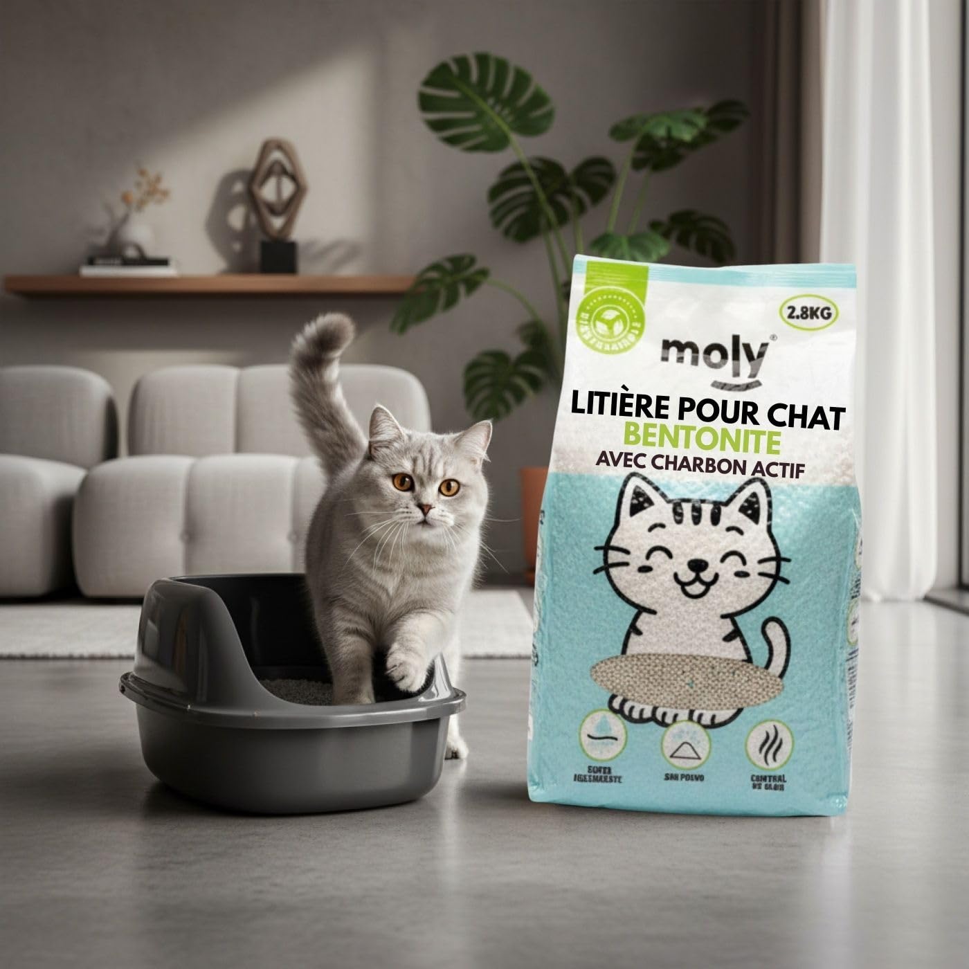 MOLY X6 Litière pour chats bentonite avec charbon actif 16,8 kg 22,2 l | litière agglomérante haute absorption avec arôme de lavande et de talc | Contrôle total des odeurs | Sans poussière | Litière