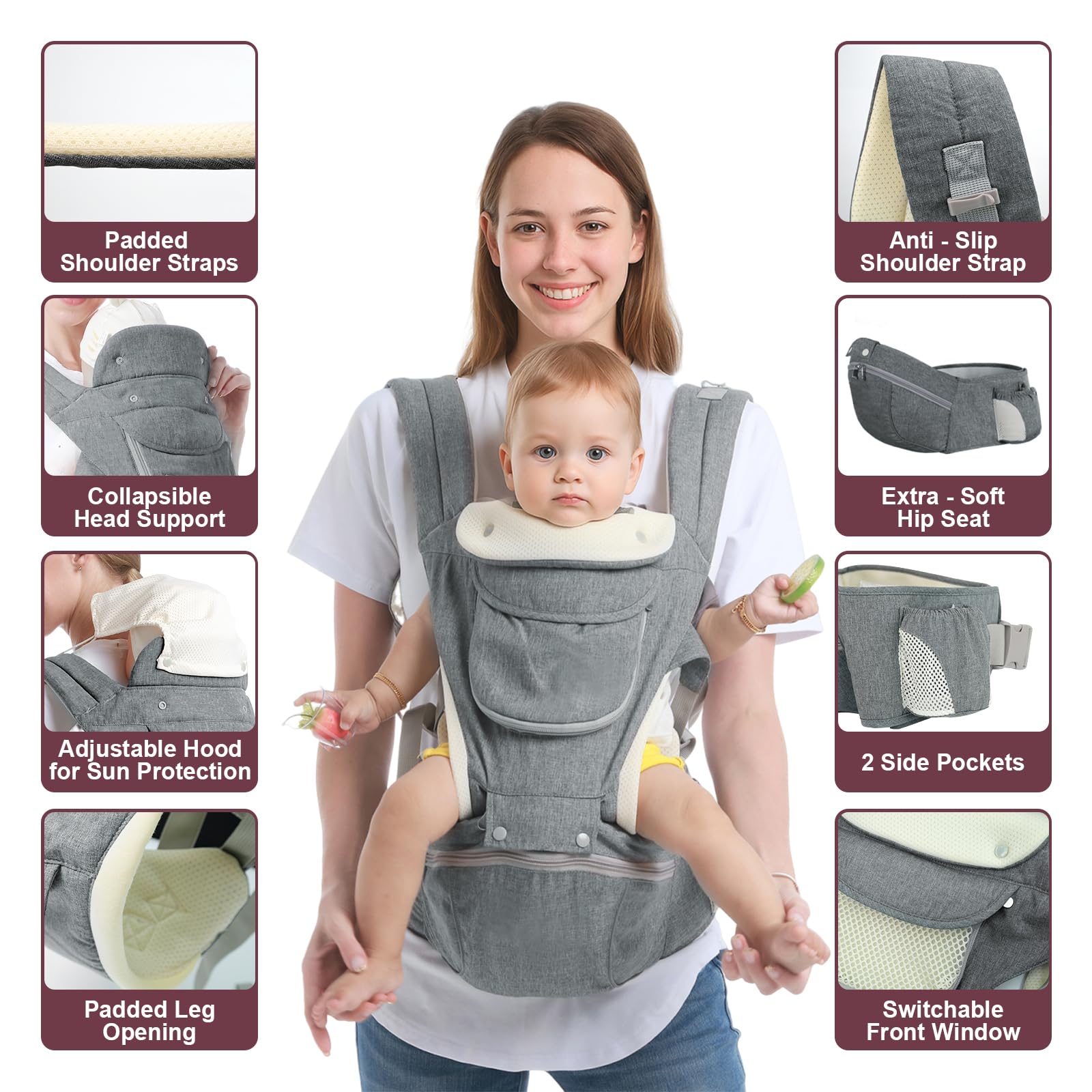 Baby Carrier, 6-in-1 Newborn to Toddler Carrier(7-50lbs), Front & Back Carrier with Detachable Hip Seat, Soft & Adjustable, All Seasons, Ideal for Mom & Dad, Perfect for Shopping & Travel (Grey)