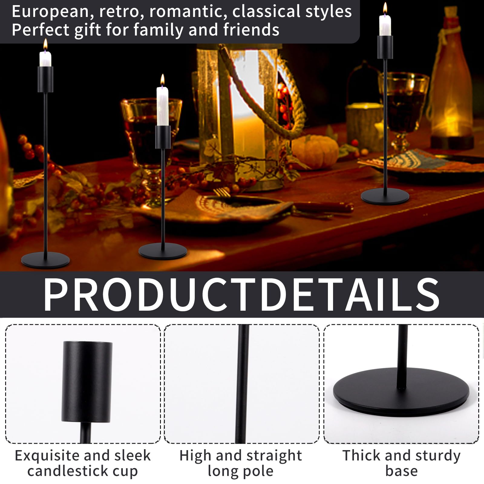 Candelabro Set di 3 Nero Portacandele di Diverse Dimensioni 21.7/27/32 cm per Candele Coniche da 2.2cm, Candeliere D'epoca, Camera da Letto Soggiorno Tavolo da Pranzo Decorazione Portacandele