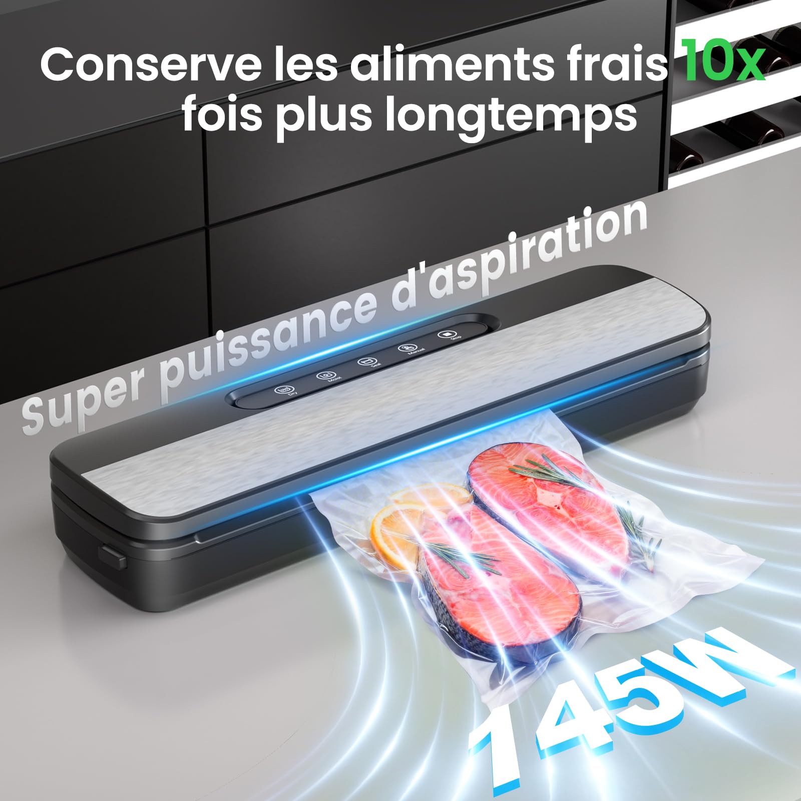 Raycial Machine Sous Vide Alimentaire, 7-en-1 Appareil sous Vide Alimentaire 130W 90 kPa, Appareil de Mise Sous Vide pour La Cuisson Sous Vide, avec Cutter, 10 Sacs Prédécoupés et Tuyau D'extraction