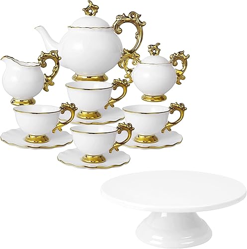 fanquare Servicio de té de porcelana para 6, soporte de pastel de porcelana blanca, juego de té de cerámica para mujer
