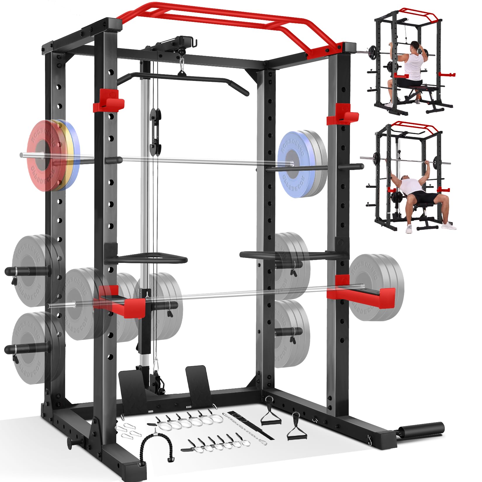 OPPSDECORPower Cage Power Rack with LAT Pull Down Pulley System& Cable Row, Weight Cage with More Training Attachments, Multi-Functional Squat Rack for Home Gym System