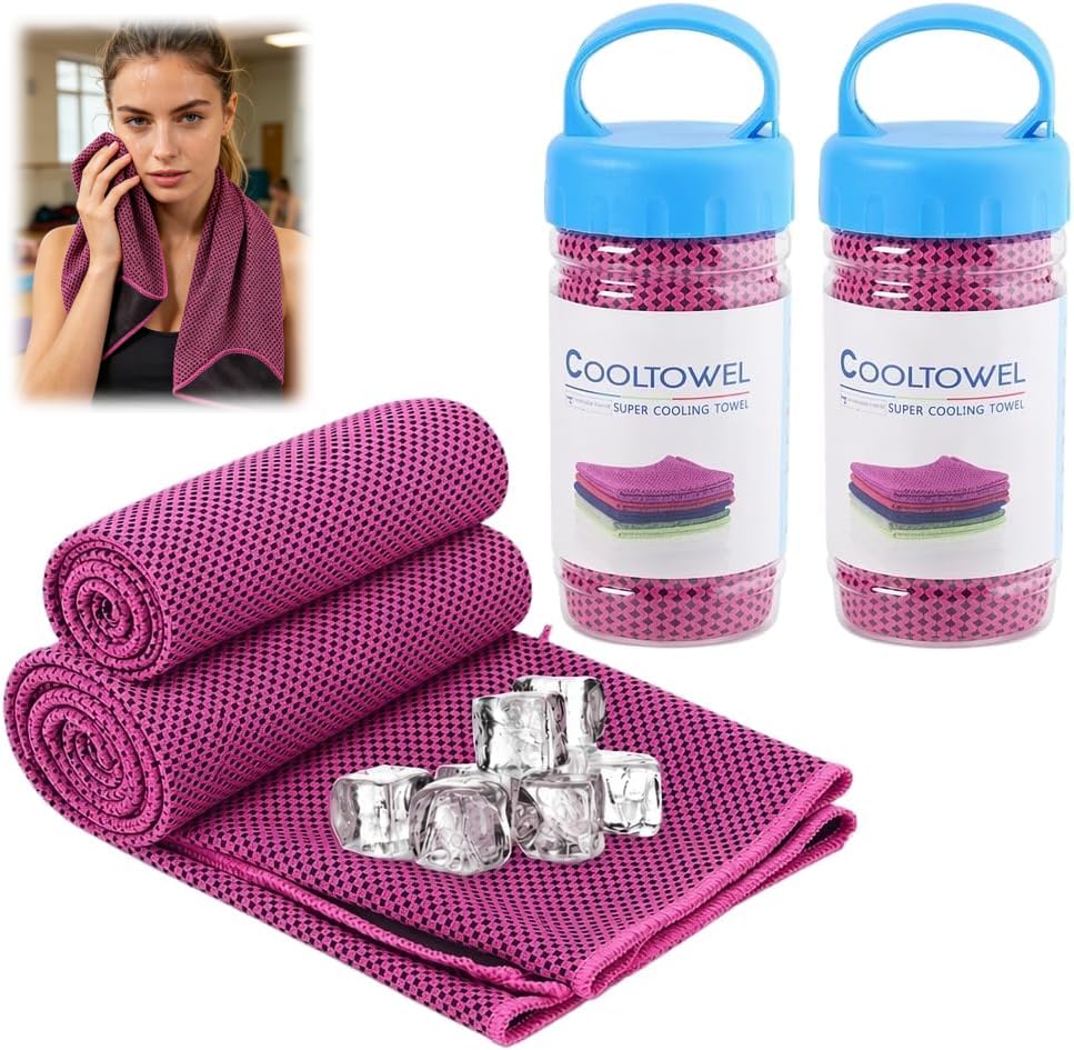 2PCS Cooling Towel, Instant Ice Towel for Neck and Face, Microfibre Cold Towels for Hot Weather, Breathable Sweat Towel for Gym, Sports, Yoga, Golf and Camping (Hot Pink)