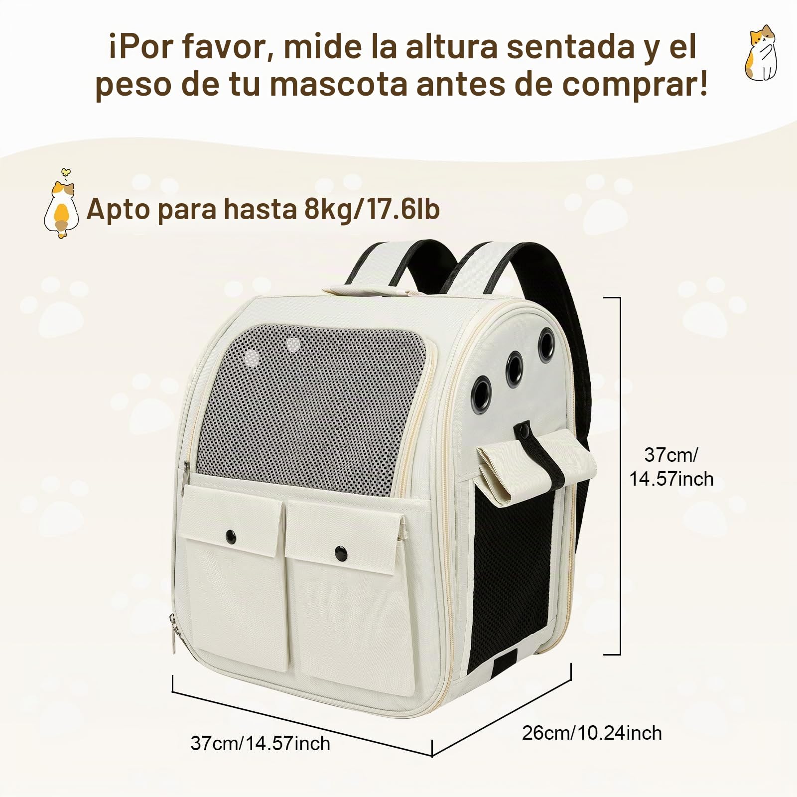 YooxArmor Mochila Transportadora para Gatos Perro,Bolsa Plegabl Transportin Mochila para Mascotas hasta 8 kg con Ventana de Malla,Blanco