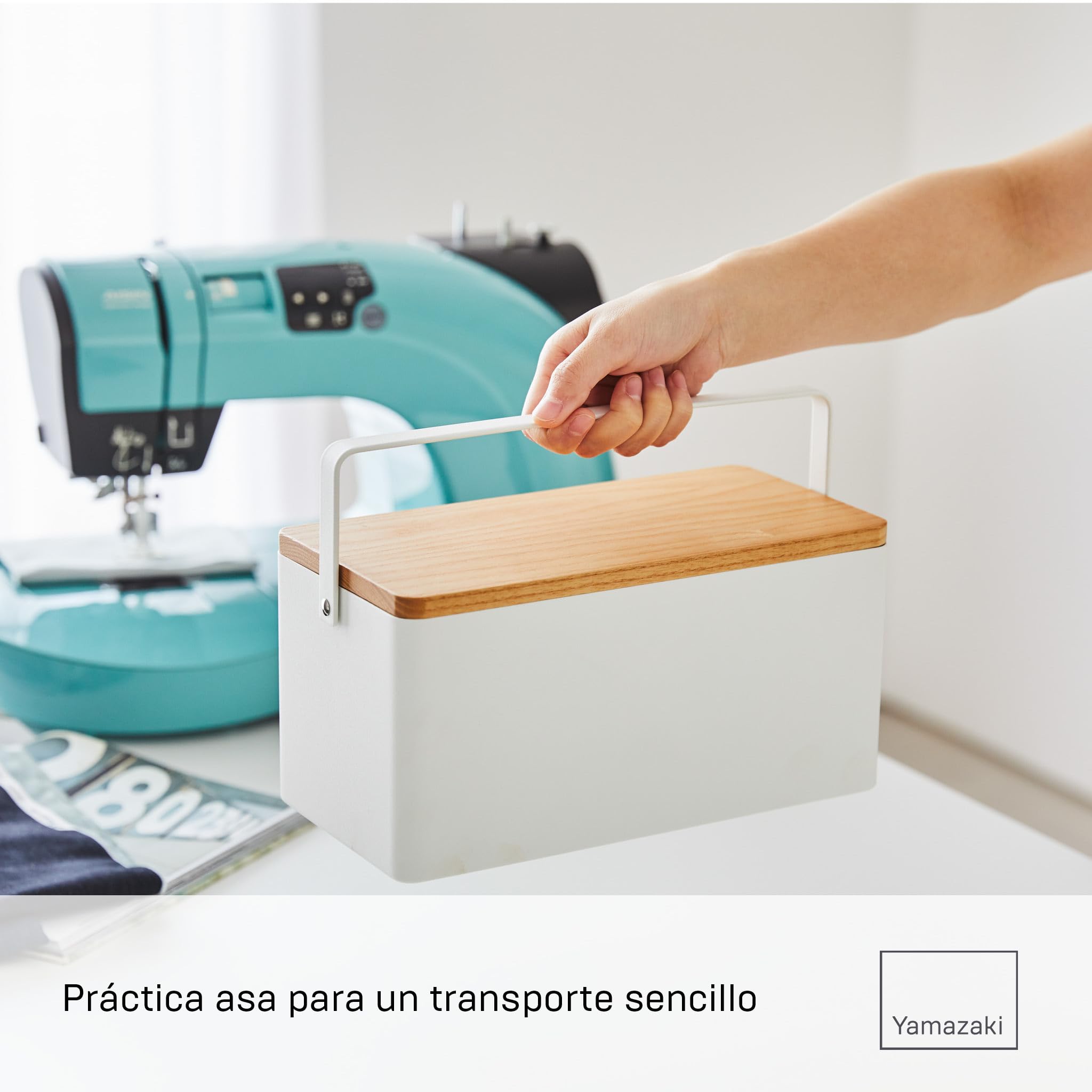 Yamazaki 5060 TOWER Sewing Box, white, Steel/Wood/ABS Resin/Cotton/Polyester, 27 x 14 x 13.5 cm