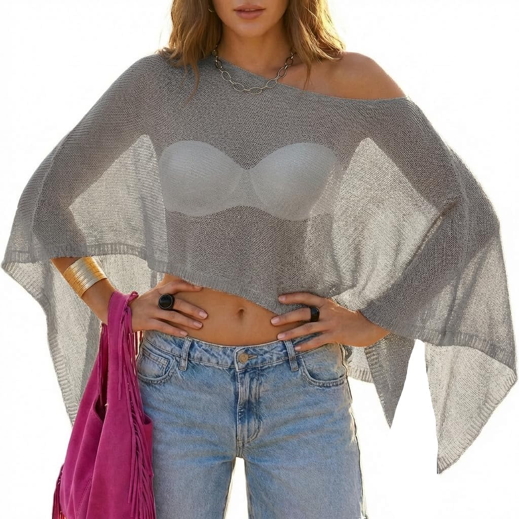 MAKABO Women's Crochet Sheer Poncho Top Lightweight Sparkly Shrug Pullover Knit Bolero Sweater Cover Up Beachwear