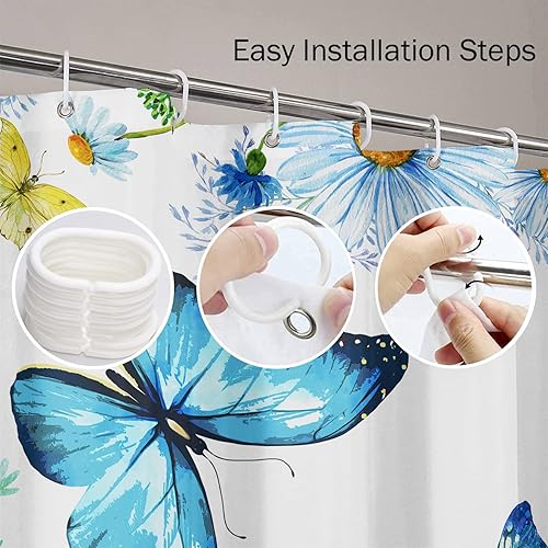 Miniatura 7 de Cortina de ducha de mariposa de 72 x 72 pulgadas, cortina de ducha de flores silvestres azules, margaritas y mariposas, cortina de ducha floral de