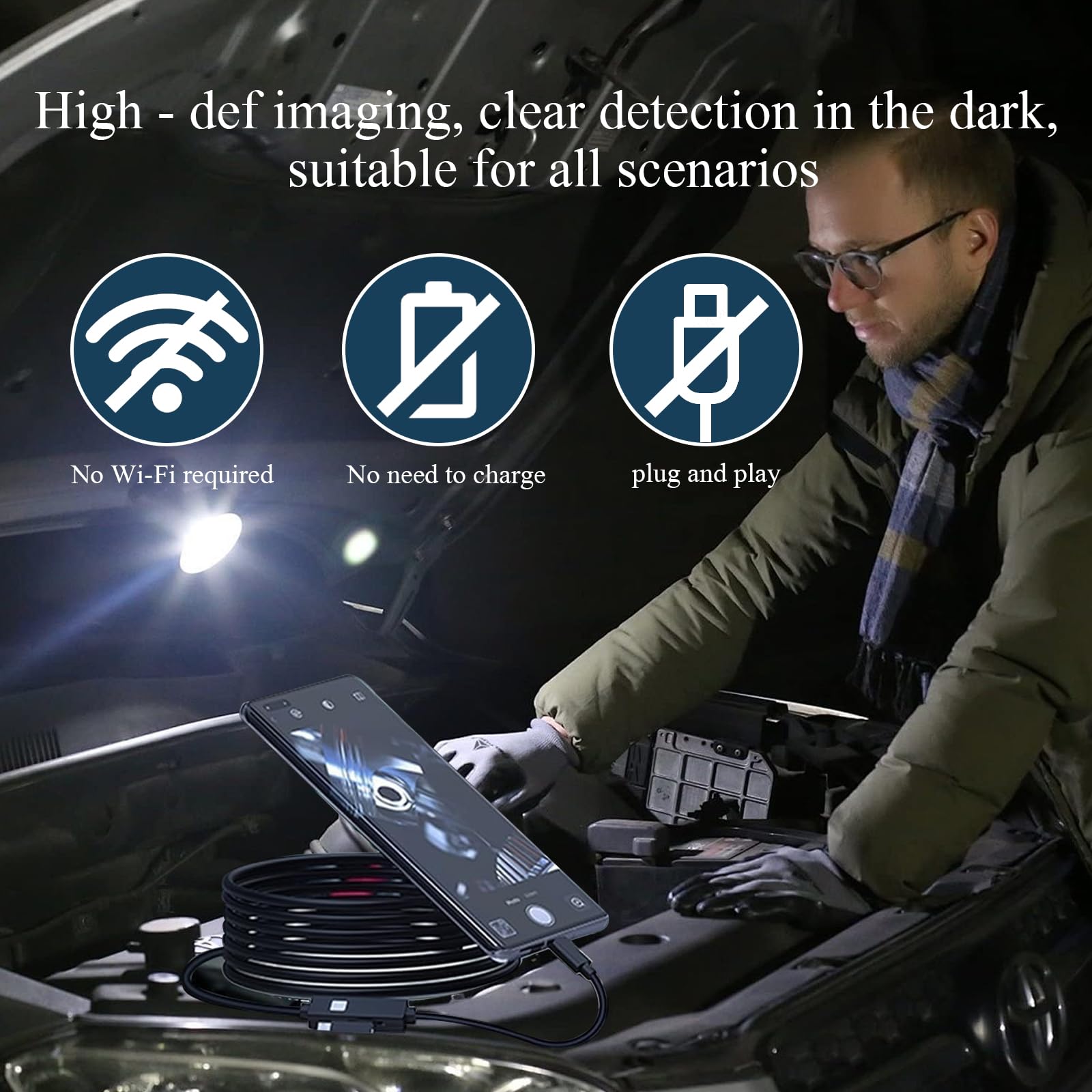 Endoscopio per Smartphone, Alta Definizione Telecamera Endoscopio Impermeabile IP67, Telecamera Endoscopica con 6 LED, Sonda telecamera con Cavo Semirigido da 5 M, per Android