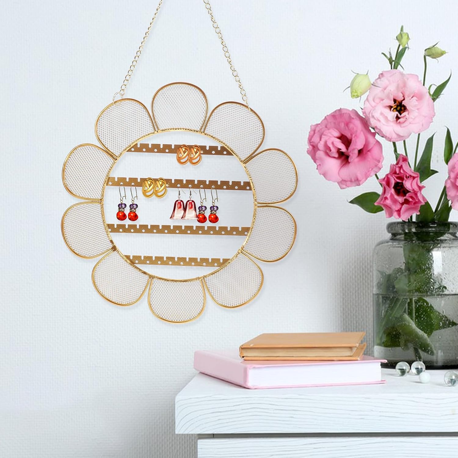 Hanging Jewelry Organizer Sunflower Shape Wall Mount Jewelry Holder for Necklaces and Earrings with Iron Hooks, Golden Multi-layer Display Rack for Home and Store