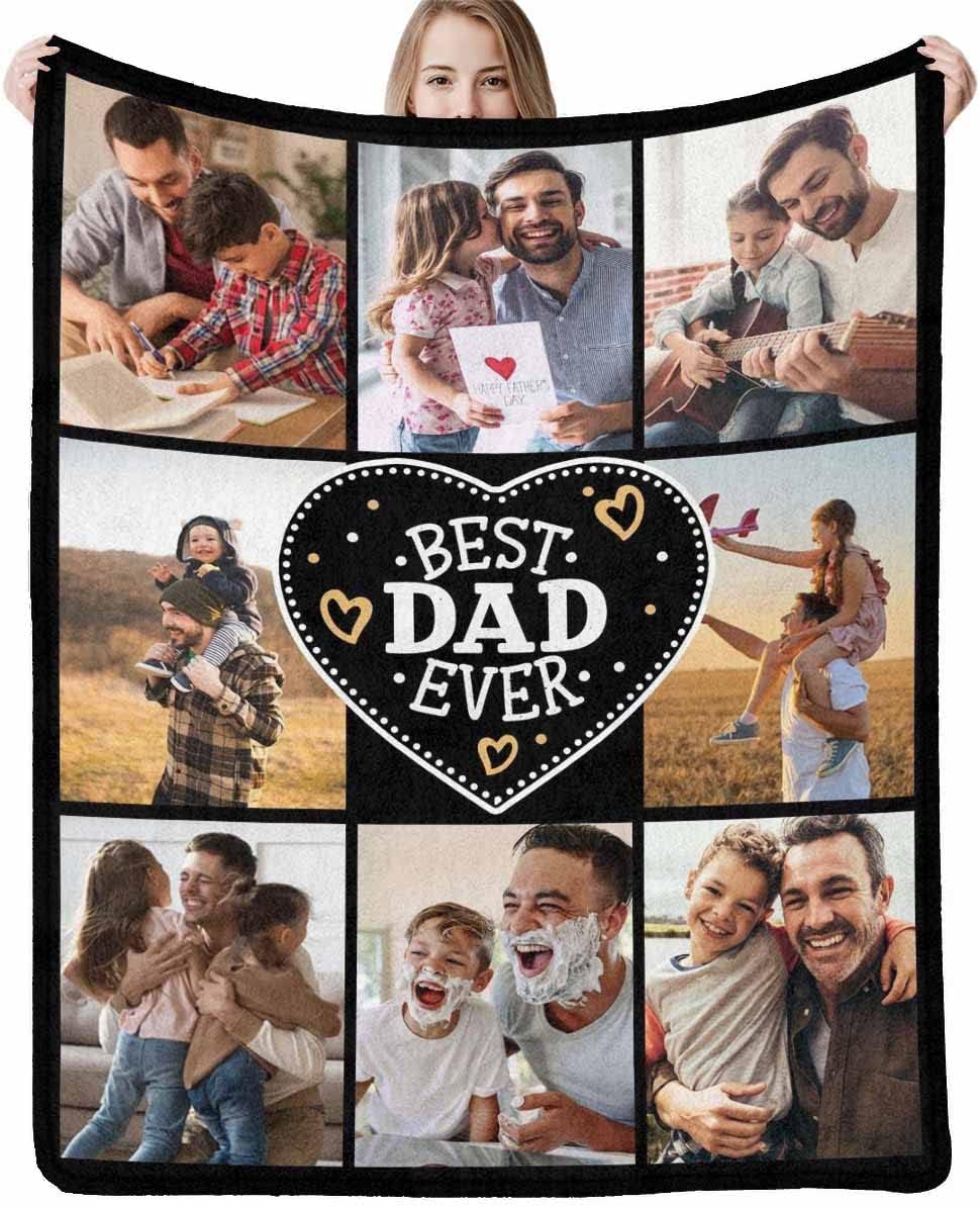 Artsadd Personalized Happy Fathers Day Throw Blanket for Men, Best Dad Ever White Bed Blanket Custom Daddy Blanket with Photos Customized Dad Gifts from Son Daughter 50x60
