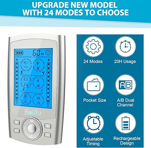Miniatura 4 de Belifu Unidad TENS EMS de doble canal, 24 modos, estimulador muscular para terapia de alivio del dolor, masajeador electrónico de pulso con 10