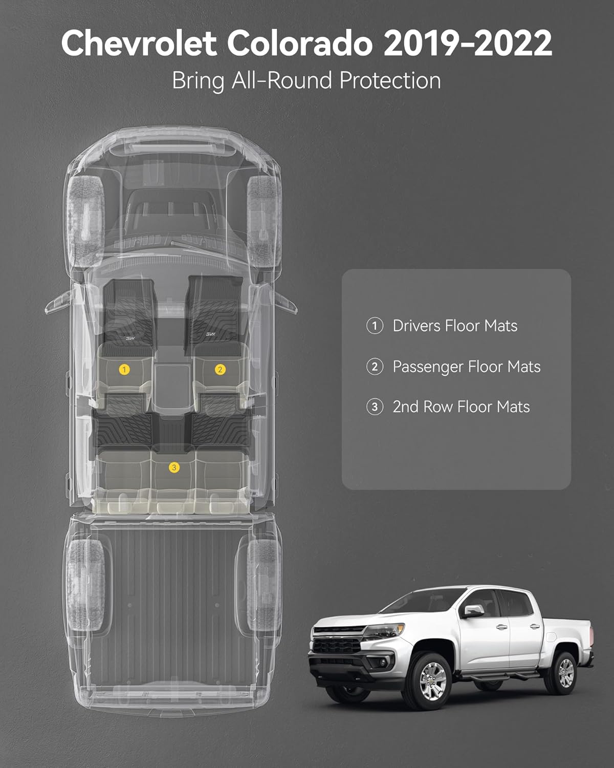 3W Floor Mats Fit for 2015-2022 Chevy Colorado Crew Cab/GMC Canyon Crew Cab, Full TPE All Weather Chevy Colorado Car Mats 1st & 2nd Row Custom Fit Accessories for Chevrolet/GMC, Black - Image 2