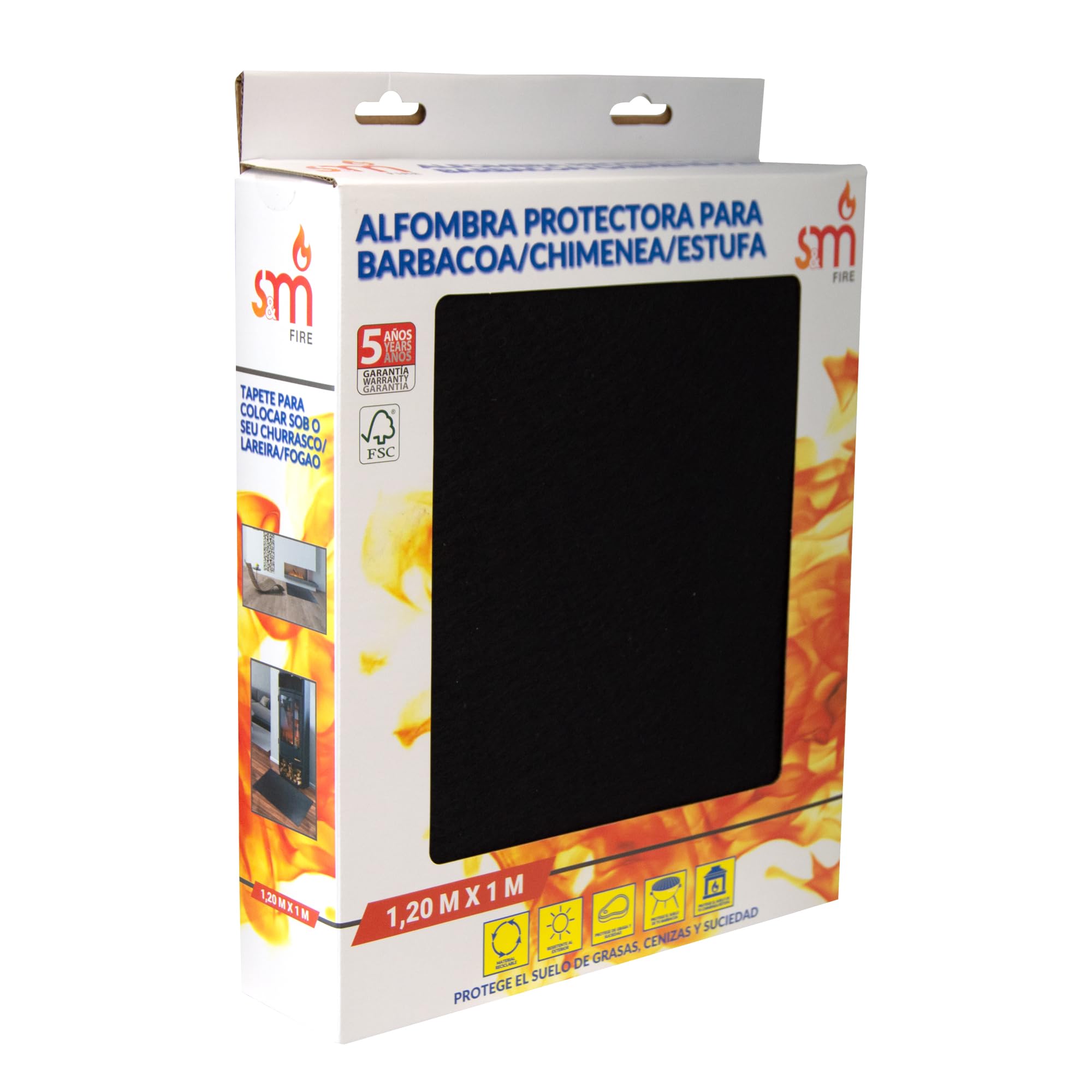 S&M 650017 – Alfombra negra protectora para barbacoa, chimenea y estufa 1,2 m x 1 m | Protege el suelo de grasa, ceniza y suciedad | Resistente y apta para el exterior | 5 años de garantía