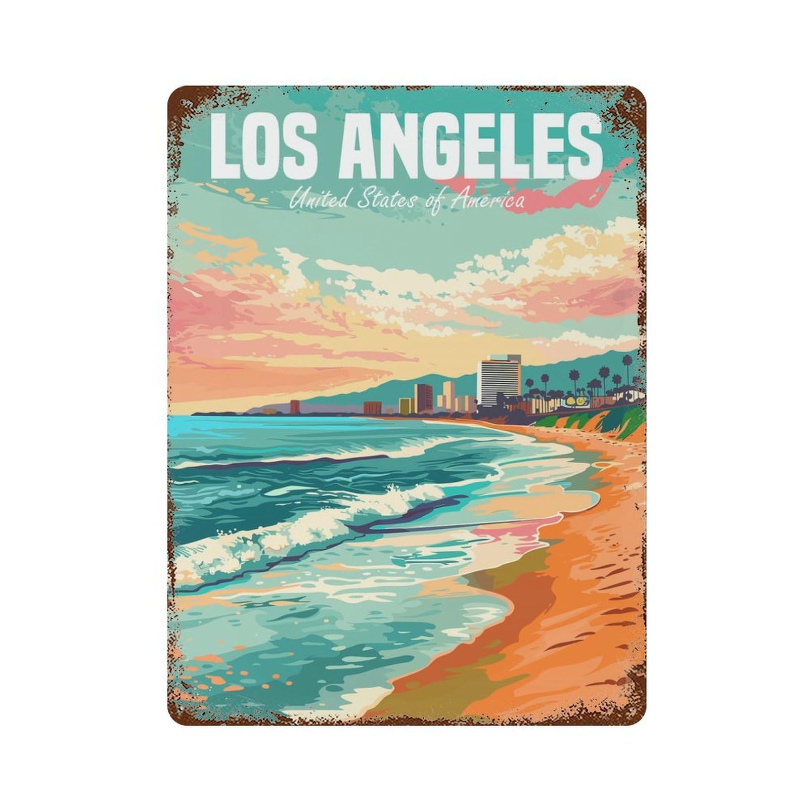 Rust Effect Los Angeles USA Weathered Tin Sign 15.7"x11.8", Retro Wall Decor for Garage, Bar And Workshop Decor
