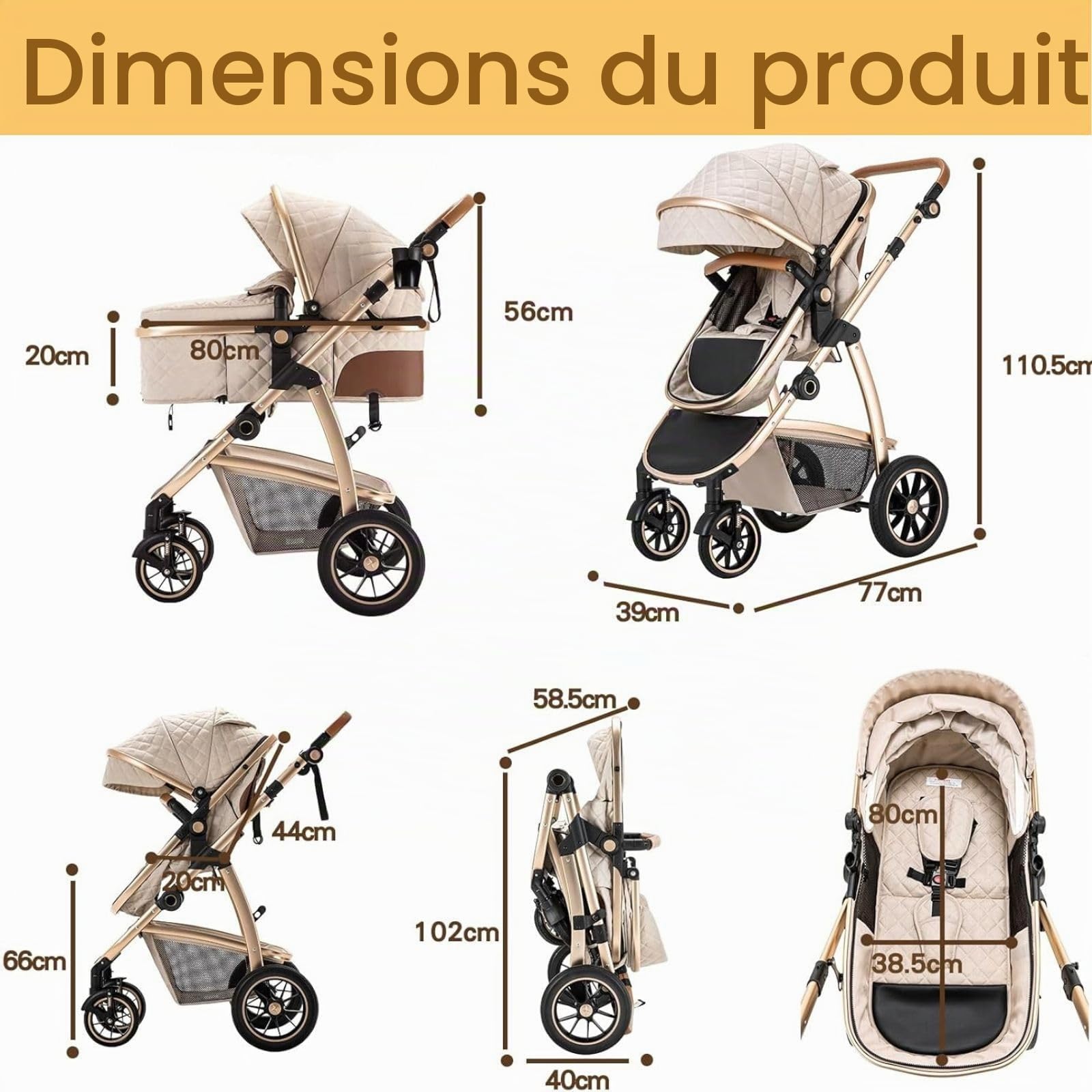 3 en 1 Poussette Combinée, Poussettes Citadines Avec ECE R129 Siège Auto, Poignée Réglable en Hauteur Poussette Bébé, Châssis en Aluminium Haute vue Poussette pour Nouveau (22KG, 0-4Ans)
