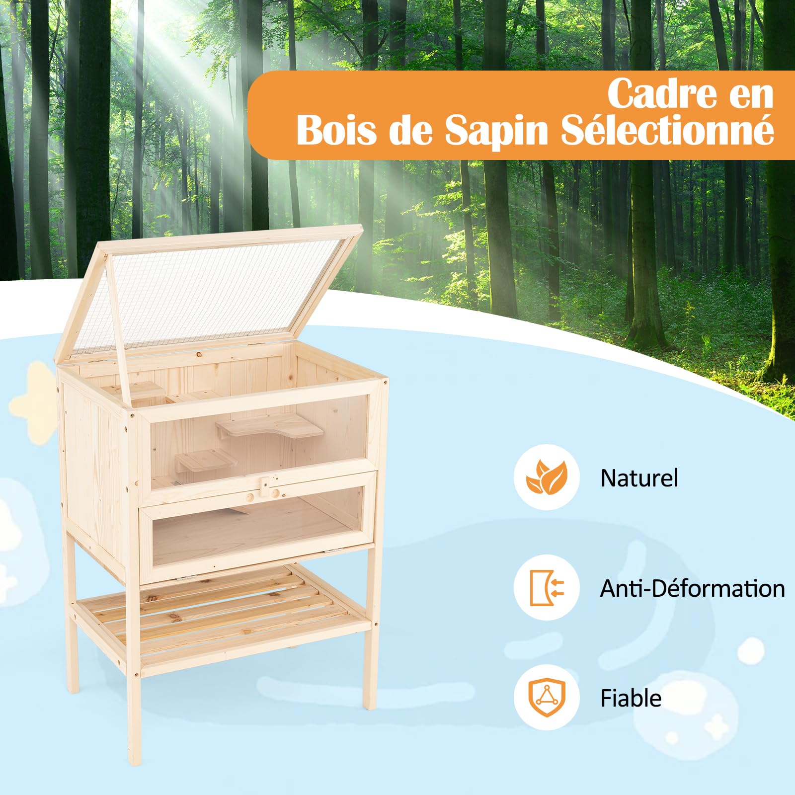 GYMAX Cage pour Hamsters en Bois, Zone d'alimentation, Activités, Repos Tout en Un, Rampe et Plates-Formes de Saut, Couvercle Respirant, Étagère de Rangement, pour Hérissons, Lézards et Lapins