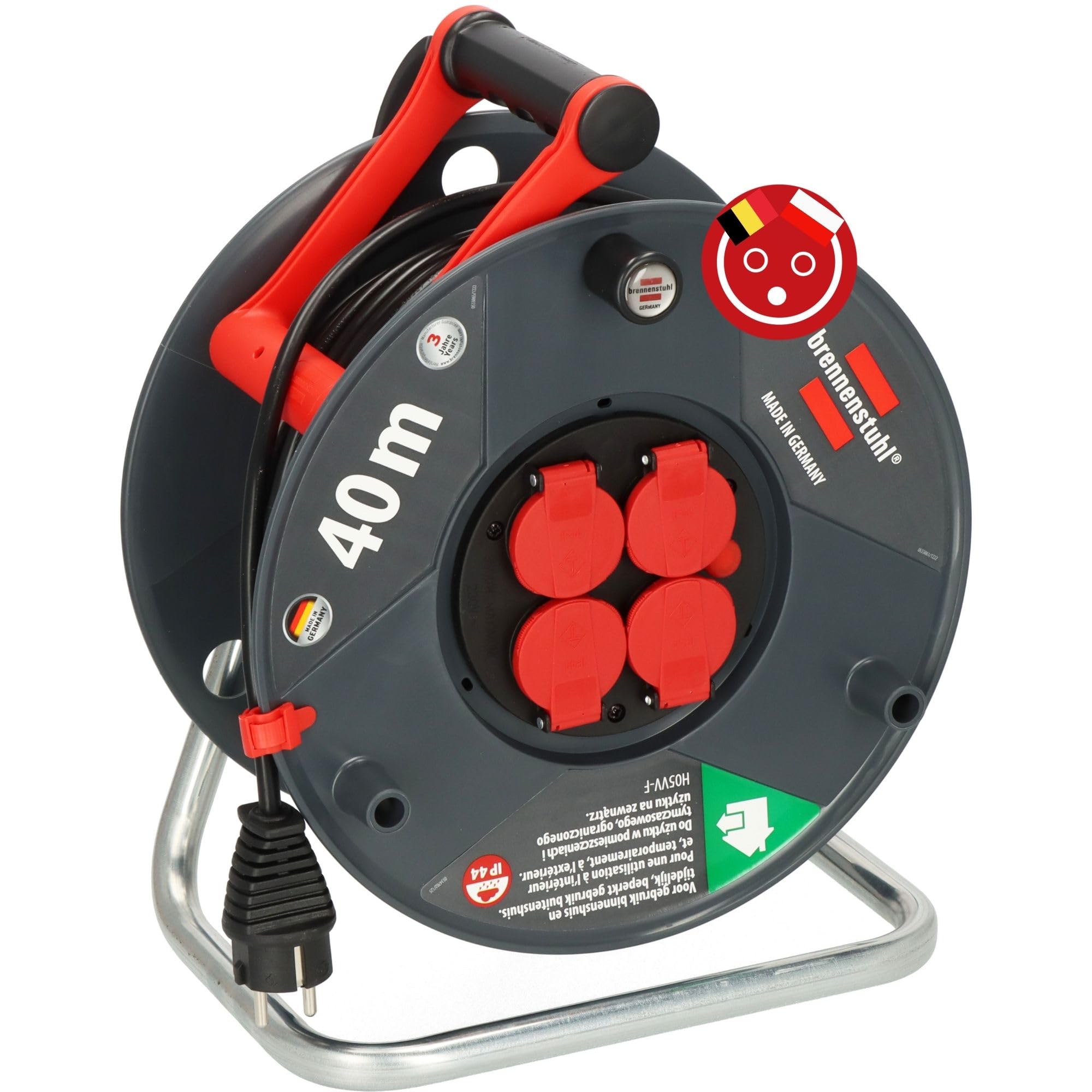 Brennenstuhl Garant V2 IP44 Enrouleur de câble extérieur 40m (Fabriqué en Allemagne, 4 Prises avec Protection Tactile améliorée, Plastique spécial)