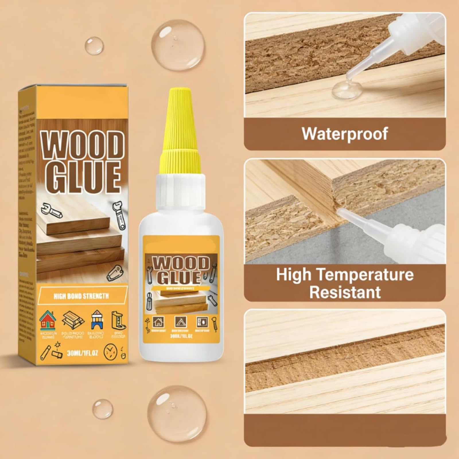 Colla for legno resistente da 30 ml, lega saldamente il legno, asciugatura rapida e presa iniziale, facile da usare, adesione di lunga durata(5PC)