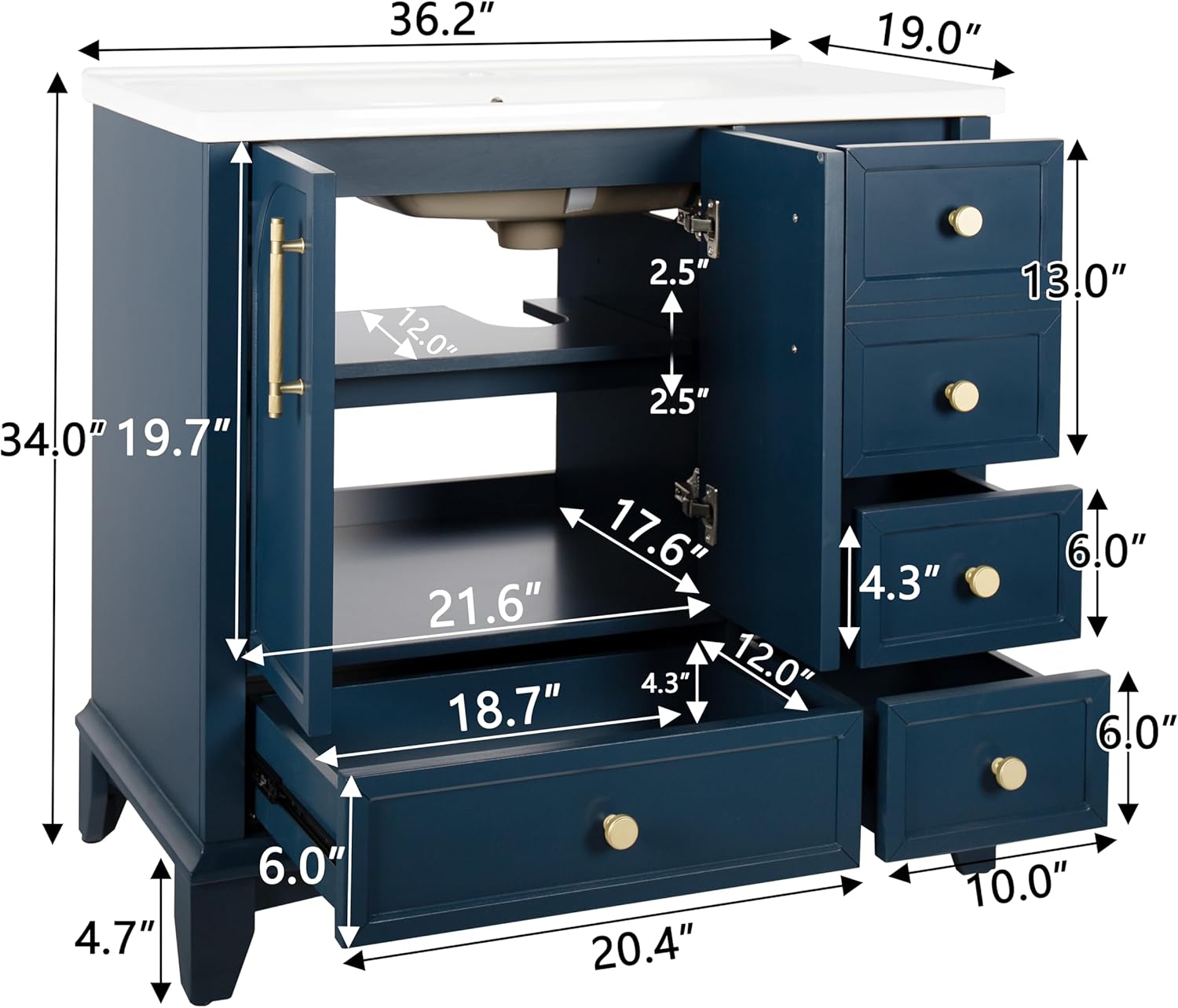 36 inch Bathroom Vanity with Sink Combo, Mid Century Modern Freestanding Bathroom Cabinet with Integrated Ceramic Sink, 4 Storage Drawers, 2 Soft Closed Doors, Adjustable Shelves, Golden Handle, Blue