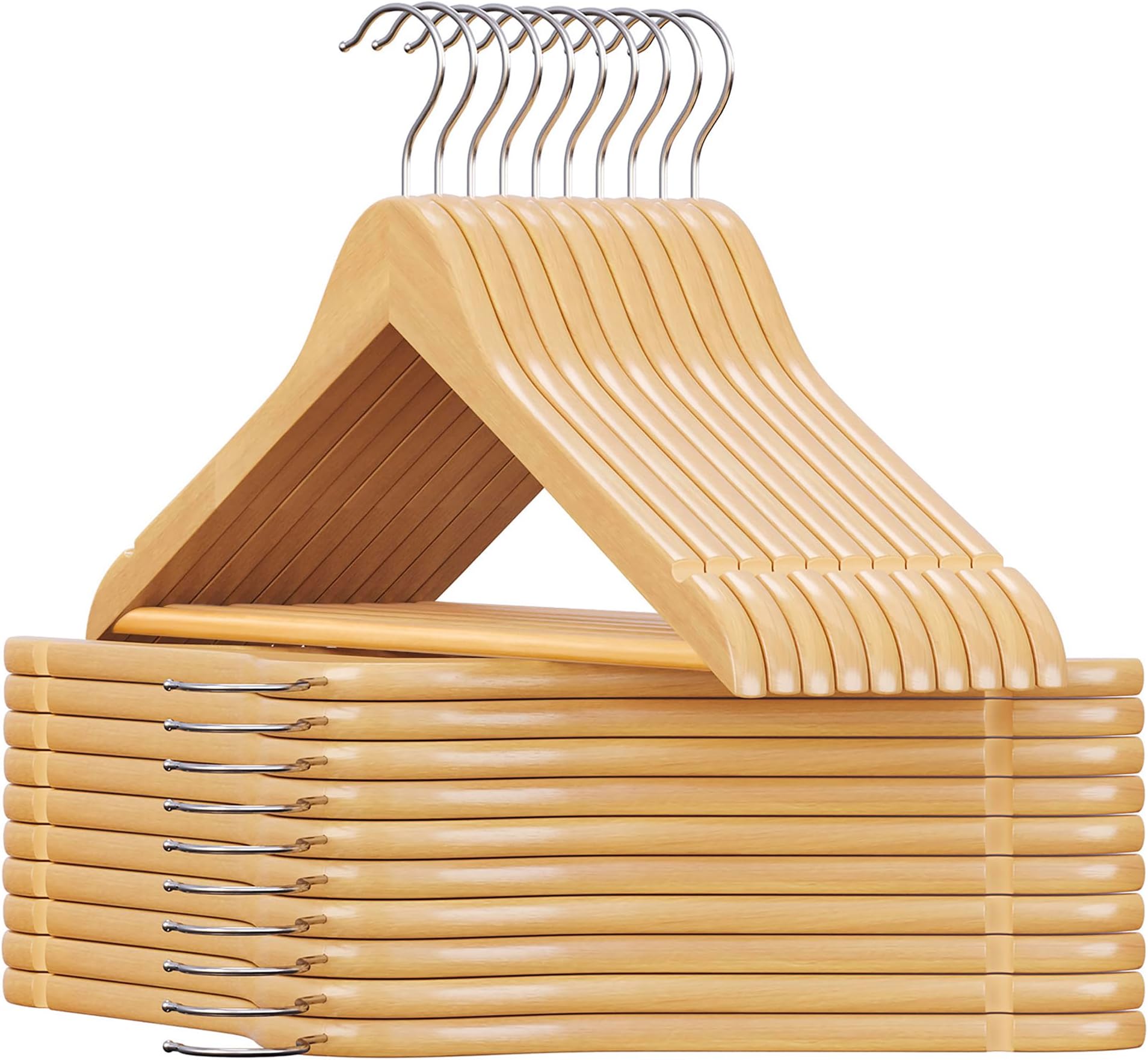 Wooden Hangers, Set of 20, Coat Hangers, Clothes Hangers, with Shoulder Notches, Anti-Slip Trousers Bar, 360° Swivel Hook, for Suits, Shirts, Coats, Natural and Silver CRW001-20
