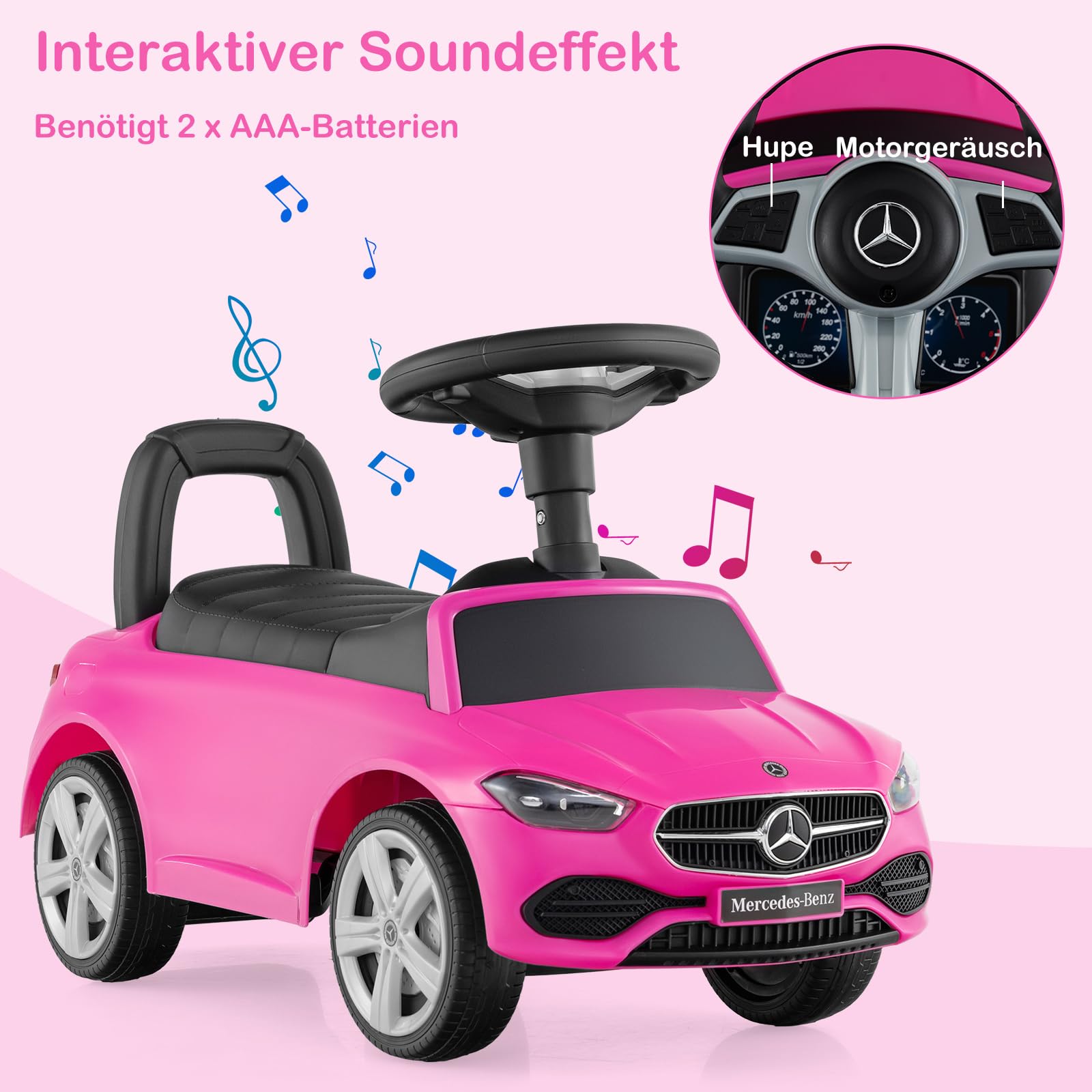 COSTWAY Mercedes Benz meerijdauto, duw-auto met opbergruimte & muziek & claxon & anti-tipper, kinder-brandweerauto met waarschuwingslicht voor kinderen vanaf 2 jaar, rood