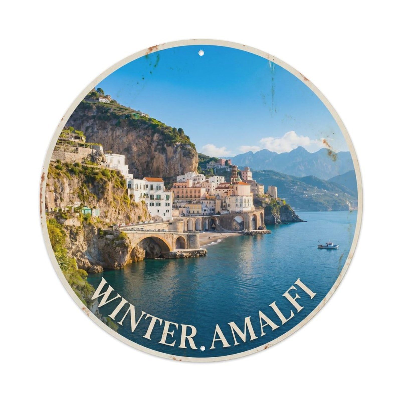 Amalfi Winter Landscape Retro Travel Italian Coast Destination Metal Tin Sign Plaque Wall Decor for Cafe, Man Cave, Club Bar, Office, Home Garden Round Metal Poster 8x8Inch