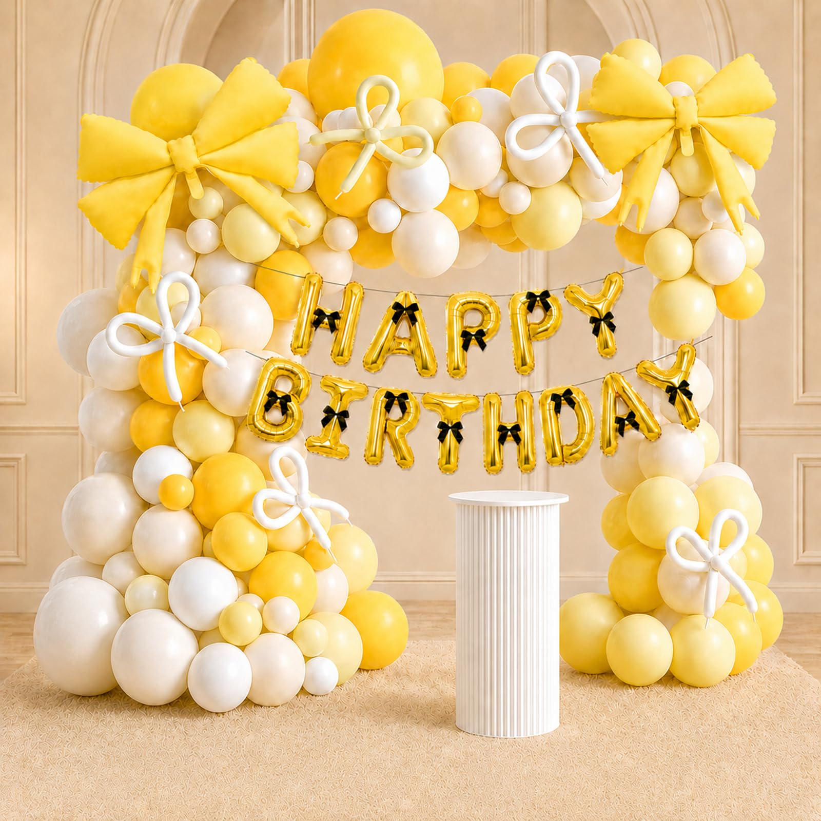 Birthday Balloon Kit, Bow Theme, Yellow and White, 13 Gold Letter Balloons