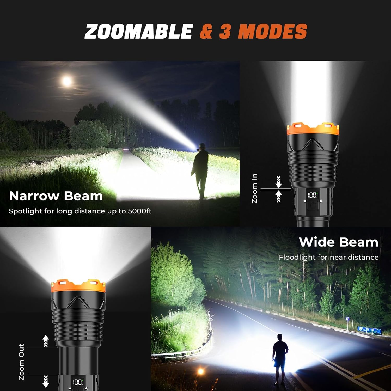 PHIXTON PH25A12 flashlight demonstrating narrow and wide beam modes.