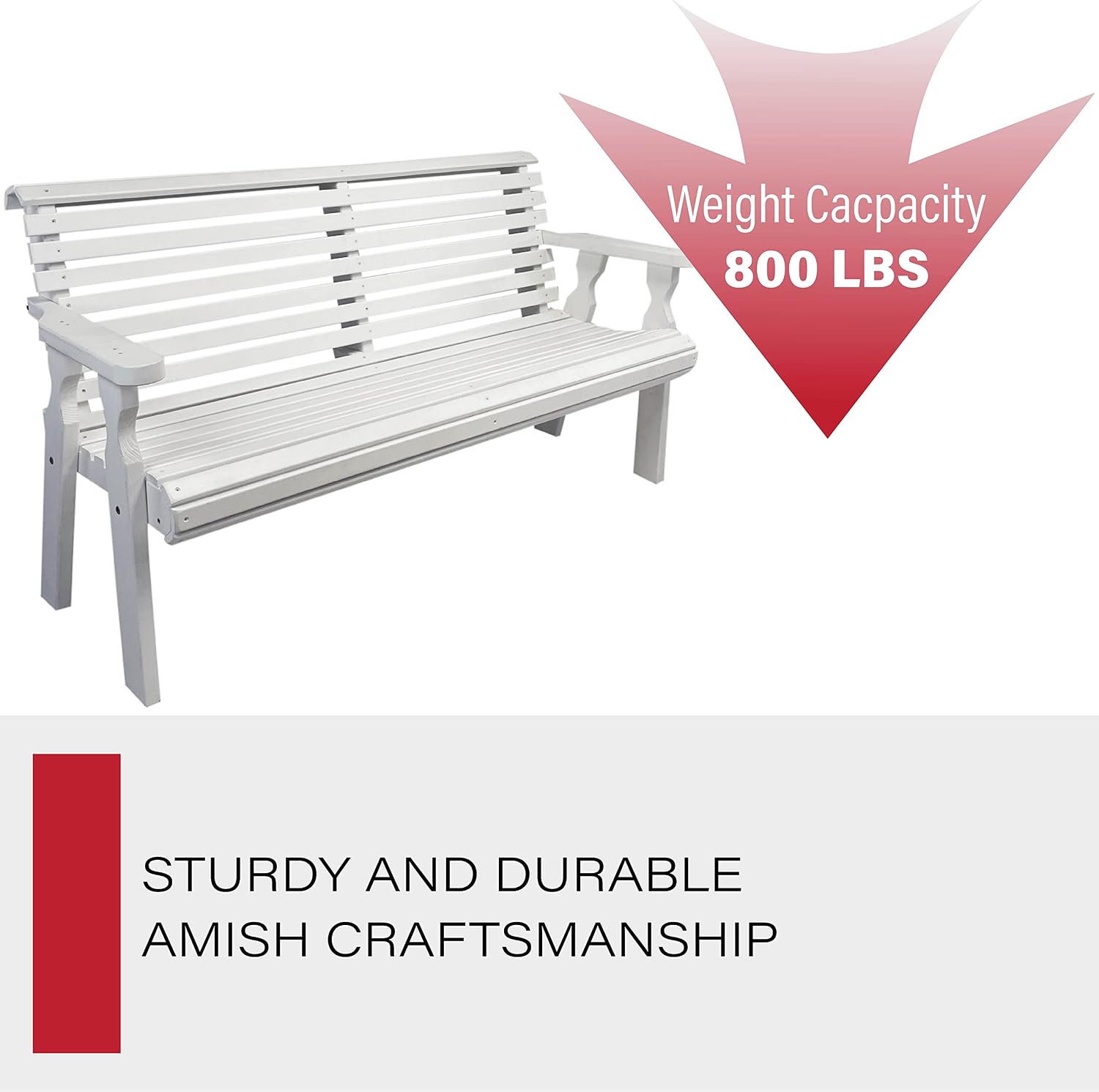Amish Casual Heavy Duty 5 Foot Roll Back Outdoor Bench in White Stain - Amish Made in The USA from Treated Pine for Outdoor Durability, 700 Lb Weight Capacity