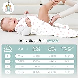Cute Castle Baby Sleep Sack 12-18 Months - Lightweight 100% Cotton 2-Way Zipper TOG 0.5 Infant Wearable Blanket, Newborn Essentials Toddler Sleep Clothes, 3 Pack(Pink, Moon, Stars)