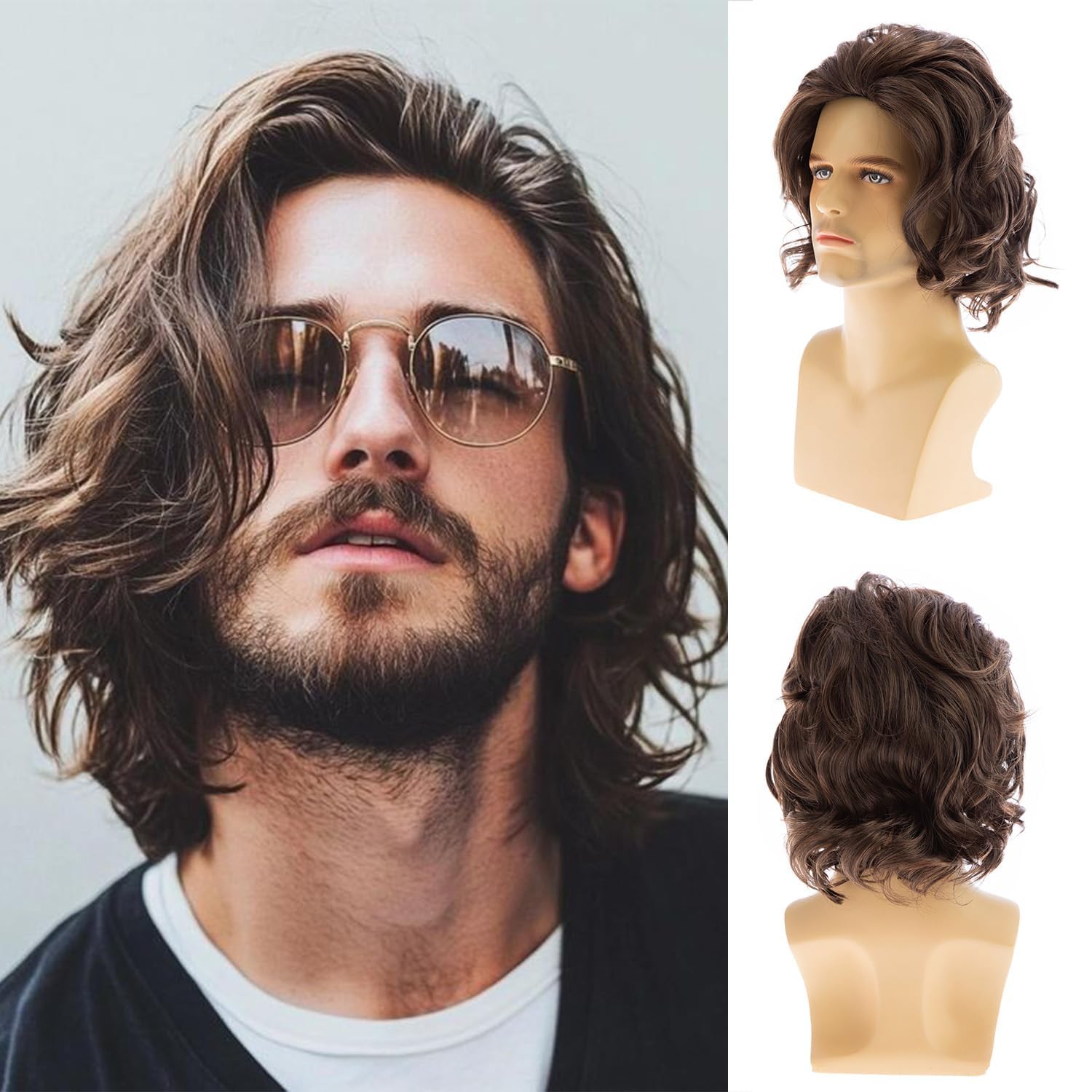Qnbiar Short Wavy Brown Wigs for Men Natural Layered Cosplay Hair Wig