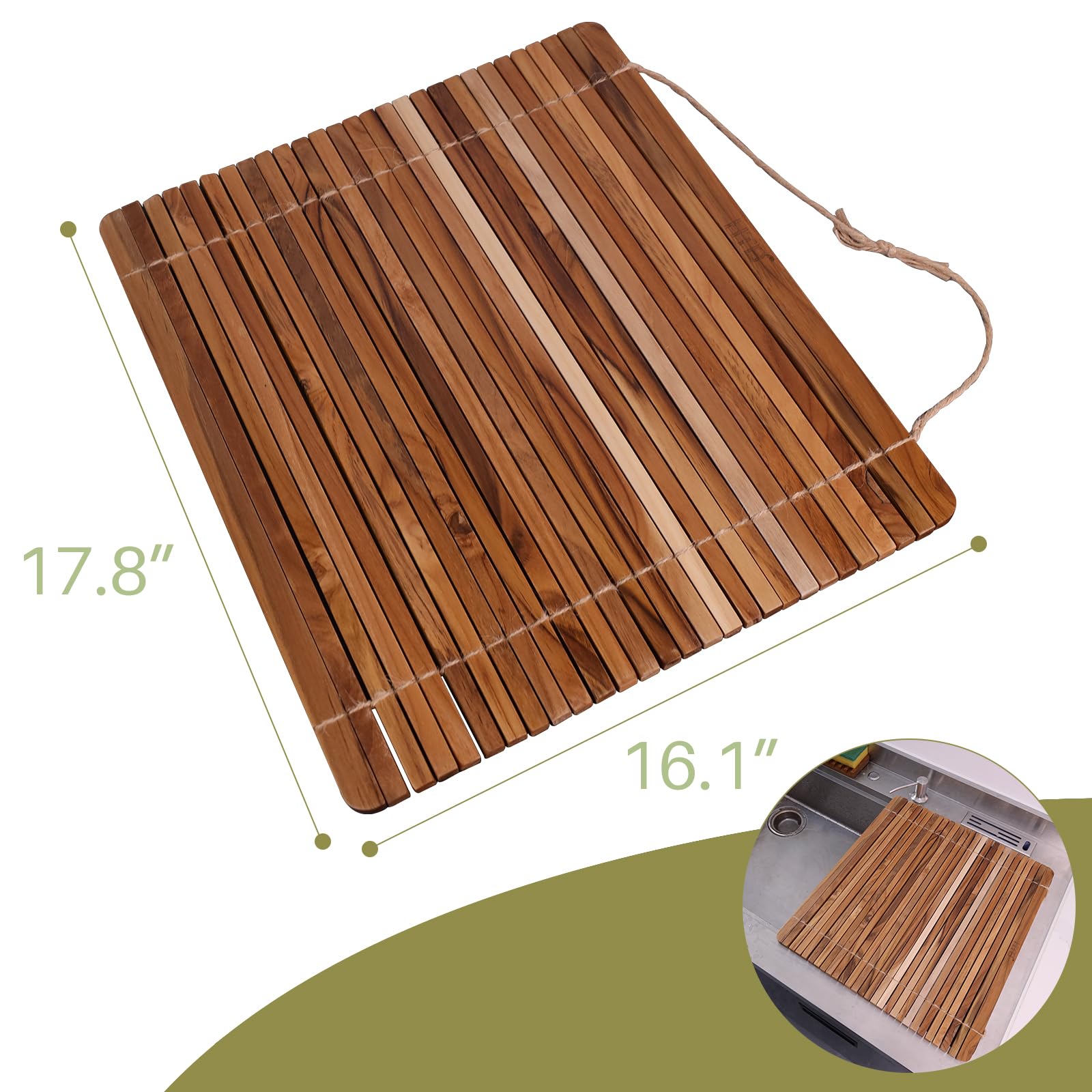 HTB Abtropfgestell für die Spüle, 45,8 x 40,6 cm, Küche, Teakholz, aufrollbar, für Geschirr, Teller, Schüsseln, Holzspüle-Abdeckung für Theke